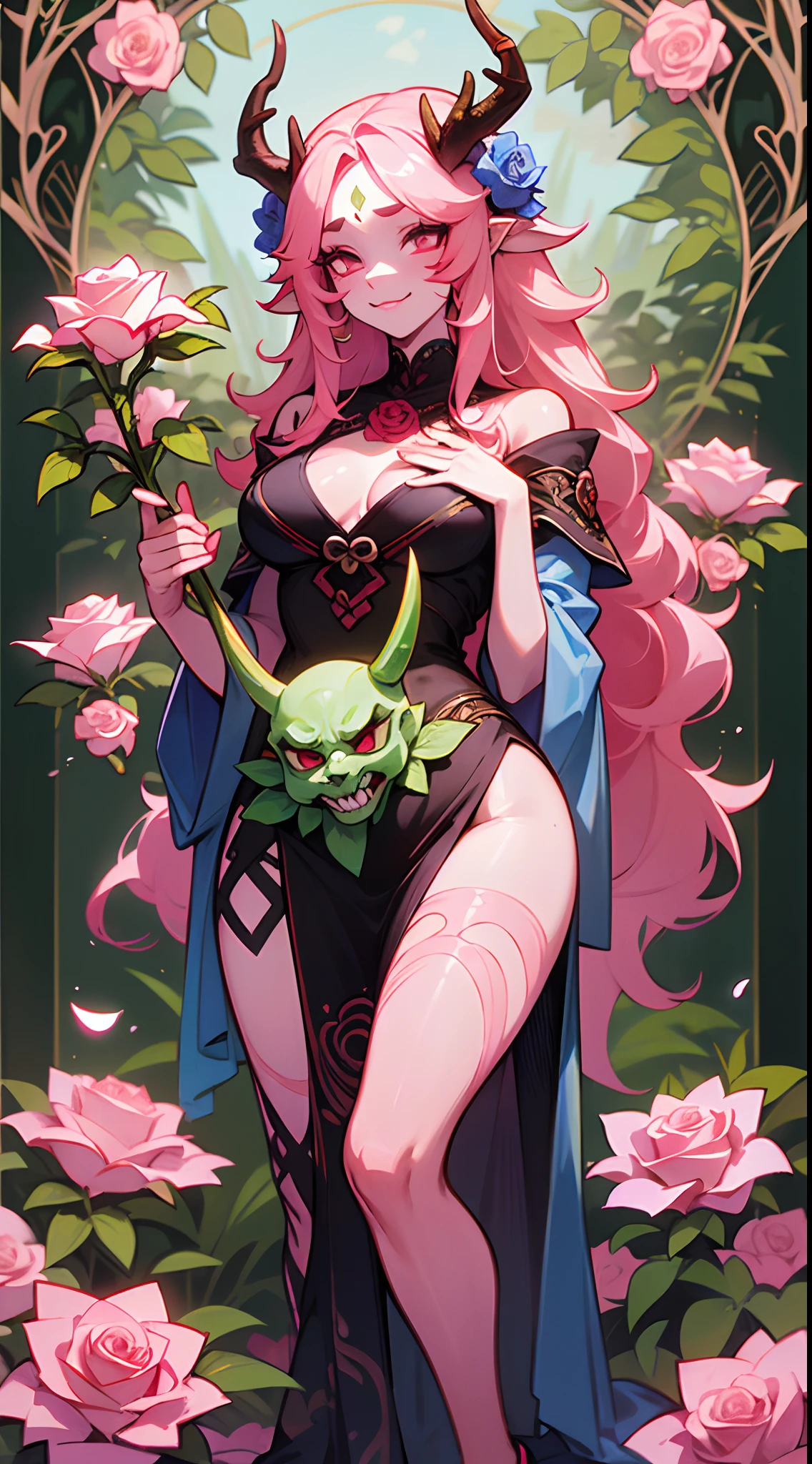 ((full body)), oni, demon girl, floral vine facial markings, antler-like horns, blooming rose-pink hair, nature's embrace, floral ((rose-pink skin)), enchanted garden, nurturing plant life, weaving magic into nature, detailed face, staff of blossoms, floral gown, wholesome