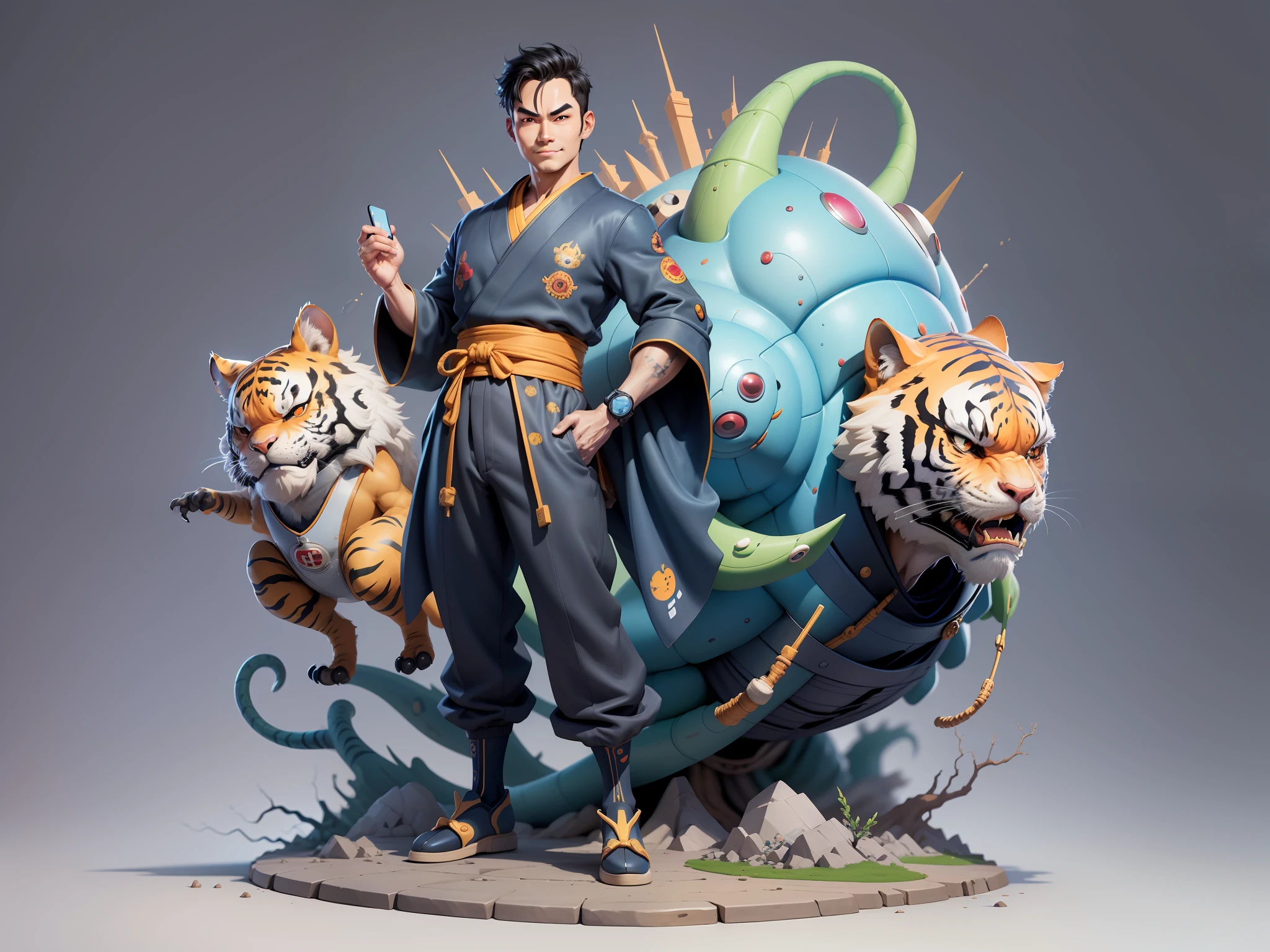 (Masterpiece), (Excellent), (Super Meticulous), (Full Body: 1.2), Super Young Man, Oriental Face, Japanese Kimono, Japanese Wind Thunder God, Dragon, Tiger, TV Anchor, Bust Portrait Illustration, Alone, Black Suit, Blue Tie, Slightly Chubby Face, Very Clean Face, No Beard, Black Super Short Hair, Black Eyes, Confident Smile, 3c Computer Sub-Products, iPad, iPhone, Digital Painting, 3D Character Design by Akira Toriyama and Mark Claireden and Pixar and Hayao Miyazaki, The illustration is a high-definition illustration in 4K resolution with very detailed facial features and cartoon-style visuals.