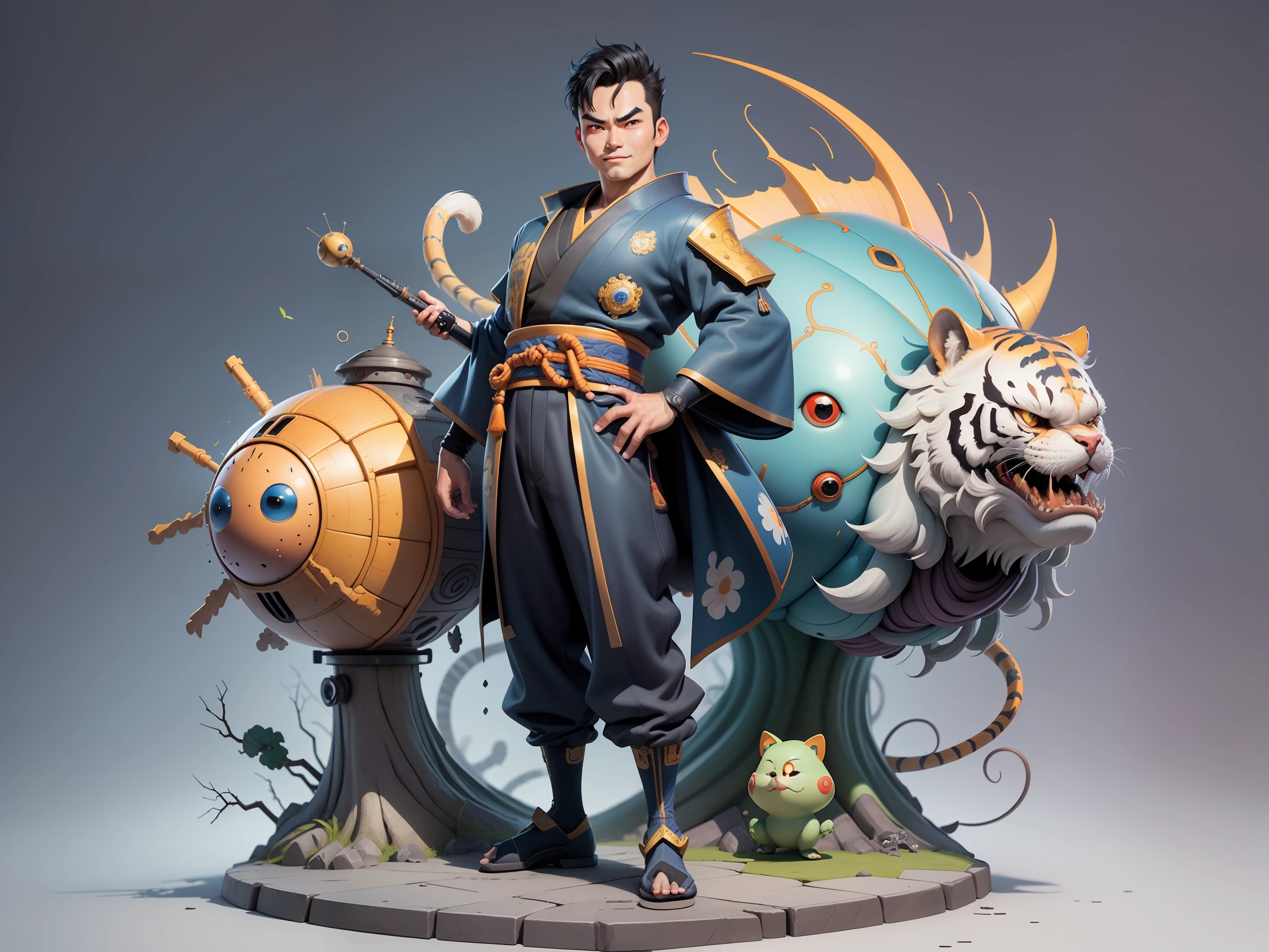(Masterpiece), (Excellent), (Super Meticulous), (Full Body: 1.2), Super Young Man, Oriental Face, Japanese Kimono, Japanese Wind Thunder God, Dragon, Tiger, TV Anchor, Bust Portrait Illustration, Alone, Black Suit, Blue Tie, Slightly Chubby Face, Very Clean Face, No Beard, Black Super Short Hair, Black Eyes, Confident Smile, 3c Computer Sub-Products, iPad, iPhone, Digital Painting, 3D Character Design by Akira Toriyama and Mark Claireden and Pixar and Hayao Miyazaki, The illustration is a high-definition illustration in 4K resolution with very detailed facial features and cartoon-style visuals.