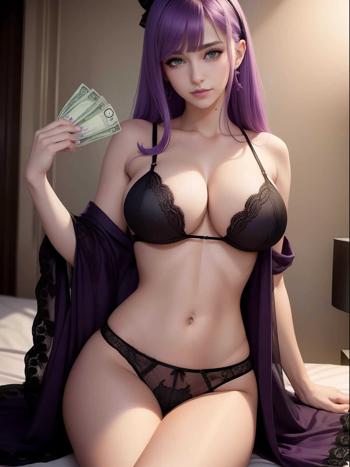 1girl, green eyes, black lacy lingerie, close up, cash money, cleavage, big boobs, soft abs, long light purple lilac hair, legs spread, extremely detailed, holding money, money fan, rich, cash