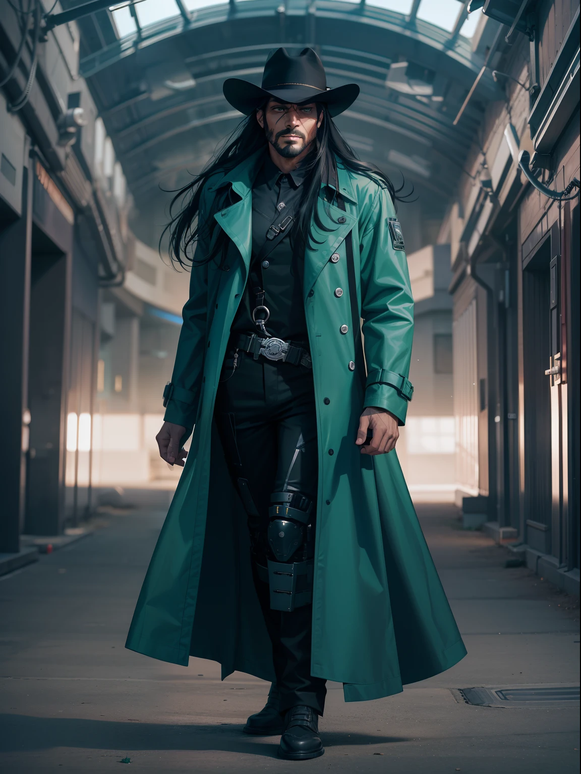 create a futuristic cowboy cyborg with long black hair and five o'clock shadow. He is wearing a cowboy hat, long black trench coat, green shirt with suspenders. shot with Sony A7s iii, sci fi,