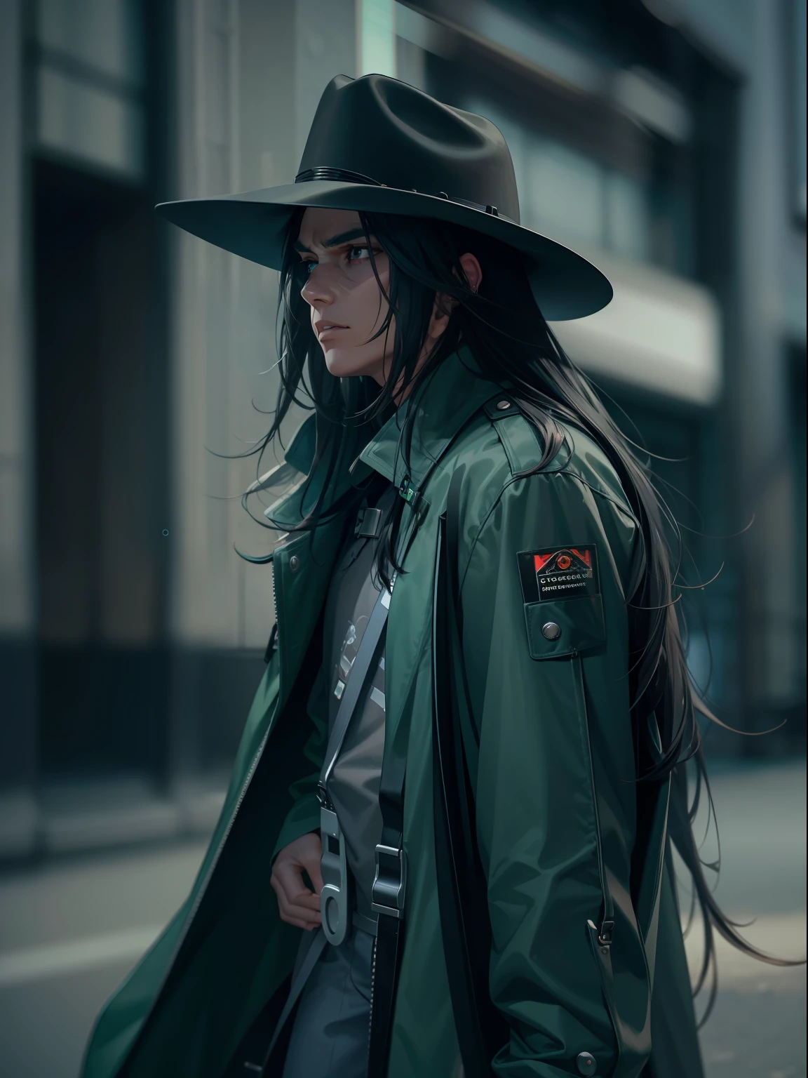 create a futuristic cowboy cyborg with long black hair and five o'clock shadow. He is wearing a cowboy hat, long black trench coat, green shirt with suspenders. shot with Sony A7s iii, sci fi,