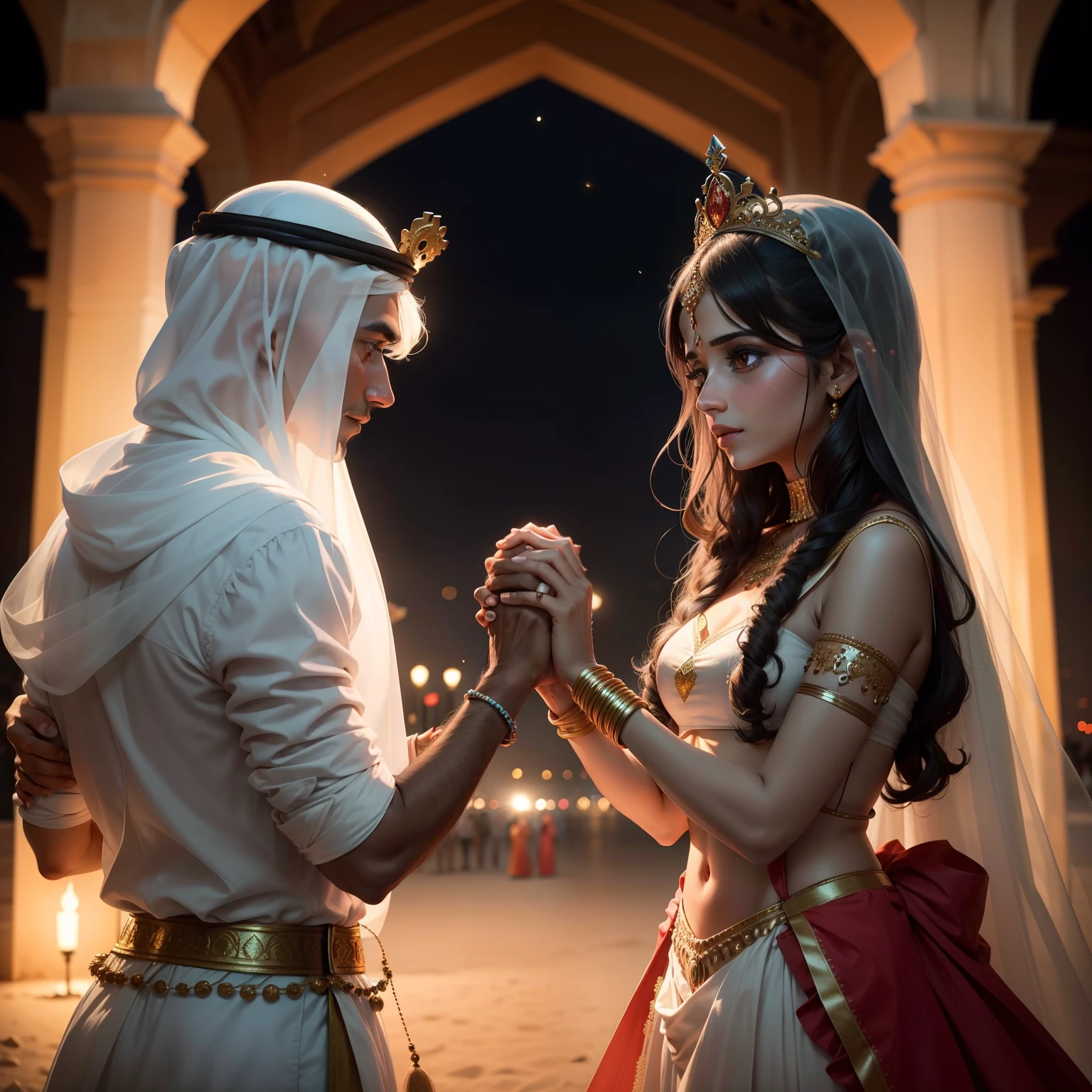 Real photo of An Indian couple holding hands with crowns on their heads in a romantic dubai 8k setting