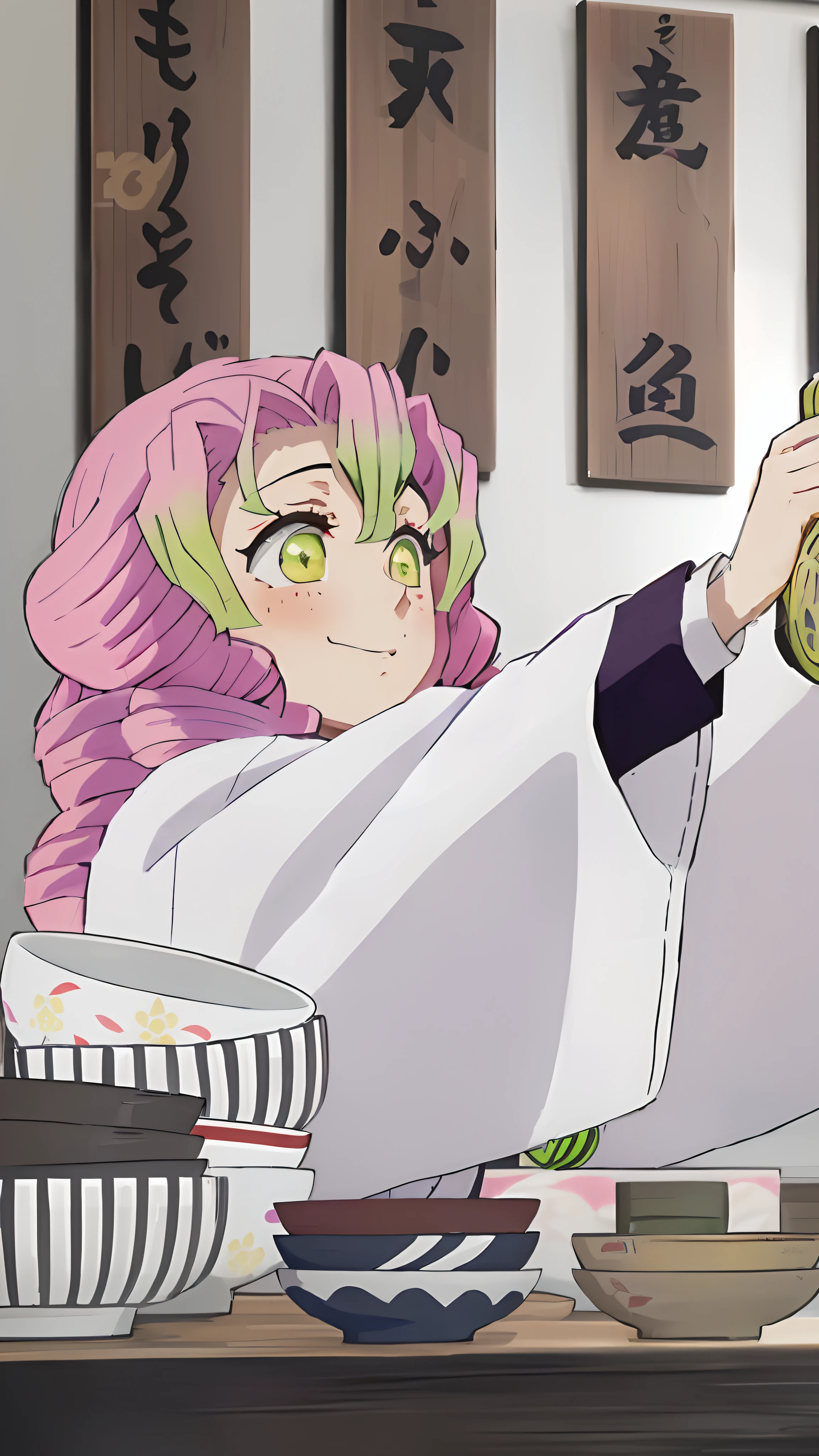 anime girl in a kimono outfit holding a bowl of food, illustrious makinami, Today's featured anime stills, demon slayer rui fanart, koyoharu gotouge, shirabii, inspired by Nishikawa Sukenobu, Kimetsu no yaiba, in the anime film, anime still frame, jojo anime style