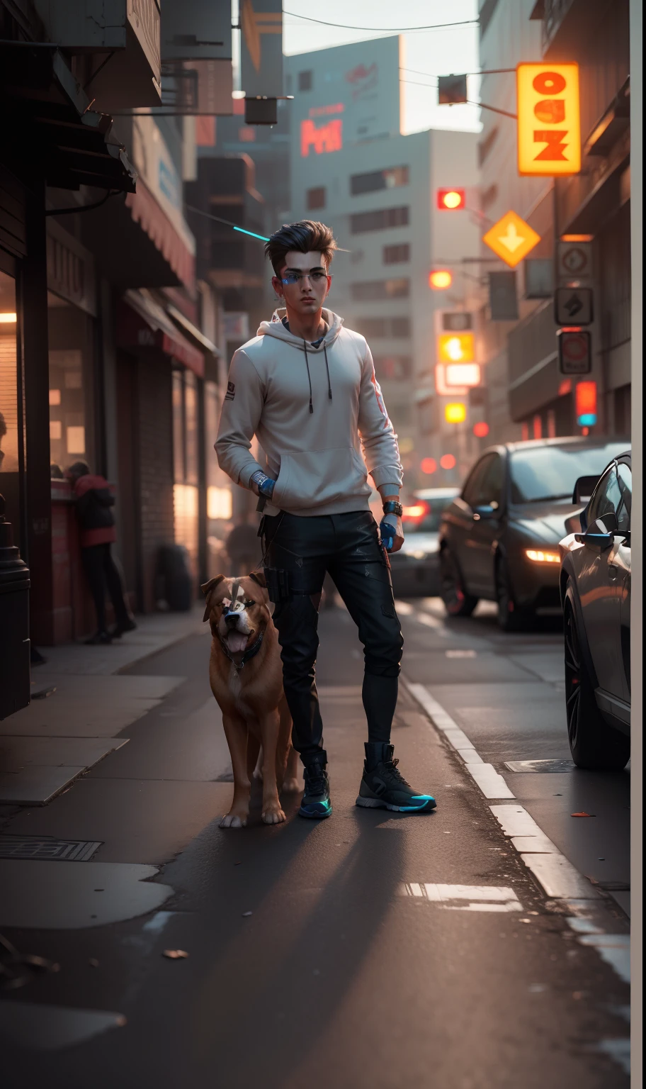 3d Cyberpunk handsome boy ultra realistic with dog 4k+HDR