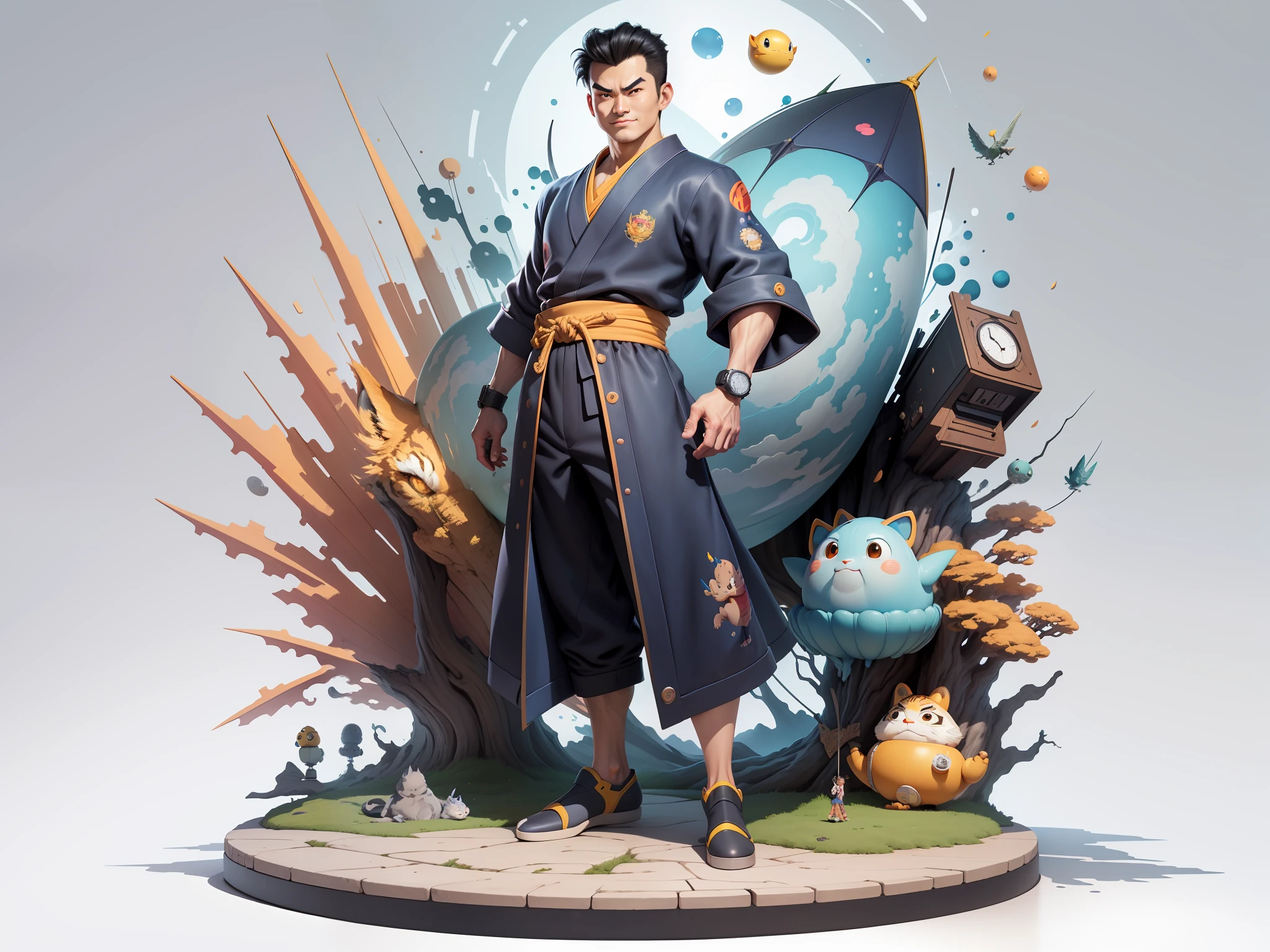 (Masterpiece), (Excellent), (Super Meticulous), (Full Body: 1.2), Super Young Man, Oriental Face, Japanese Kimono, Japanese Wind Thunder God, Dragon, Tiger, TV Anchor, Bust Portrait Illustration, Alone, Black Suit, Blue Tie, Slightly Chubby Face, Very Clean Face, No Beard, Black Super Short Hair, Black Eyes, Confident Smile, 3c Computer Sub-Products, iPad, iPhone, Digital Painting, 3D Character Design by Akira Toriyama and Mark Claireden and Pixar and Hayao Miyazaki, The illustration is a high-definition illustration in 4K resolution with very detailed facial features and cartoon-style visuals.