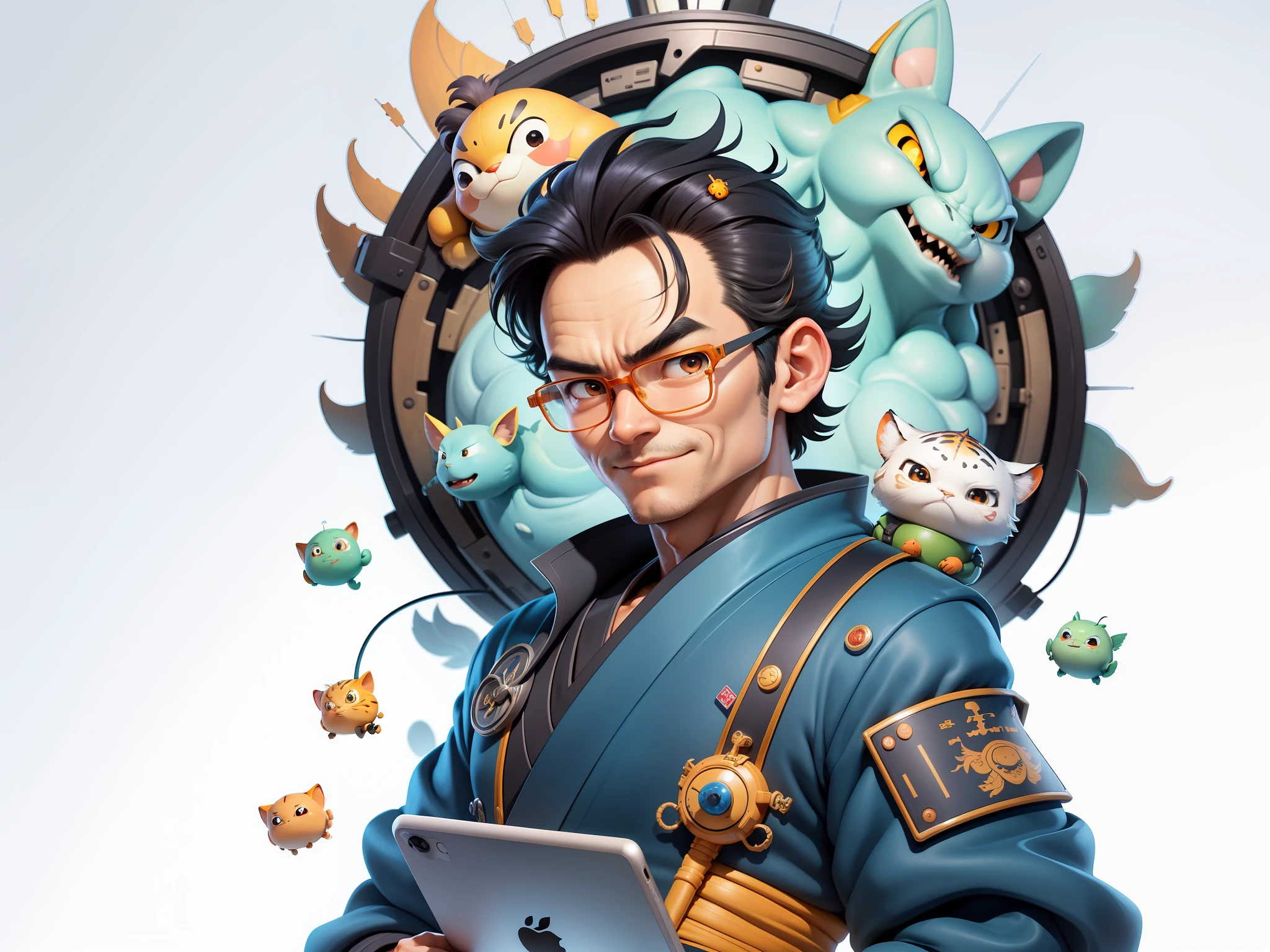 (Masterpiece), (Excellent), (Super Meticulous), (Full Body: 1.2), Super Young Man, Oriental Face, Japanese Kimono, Japanese Wind Thunder God, Dragon, Tiger, TV Anchor, Bust Portrait Illustration, Alone, Black Suit, Blue Tie, Slightly Chubby Face, Very Clean Face, No Beard, Black Super Short Hair, Black Eyes, Confident Smile, 3c Computer Sub-Products, iPad, iPhone, Digital Painting, 3D Character Design by Akira Toriyama and Mark Claireden and Pixar and Hayao Miyazaki, The illustration is a high-definition illustration in 4K resolution with very detailed facial features and cartoon-style visuals.