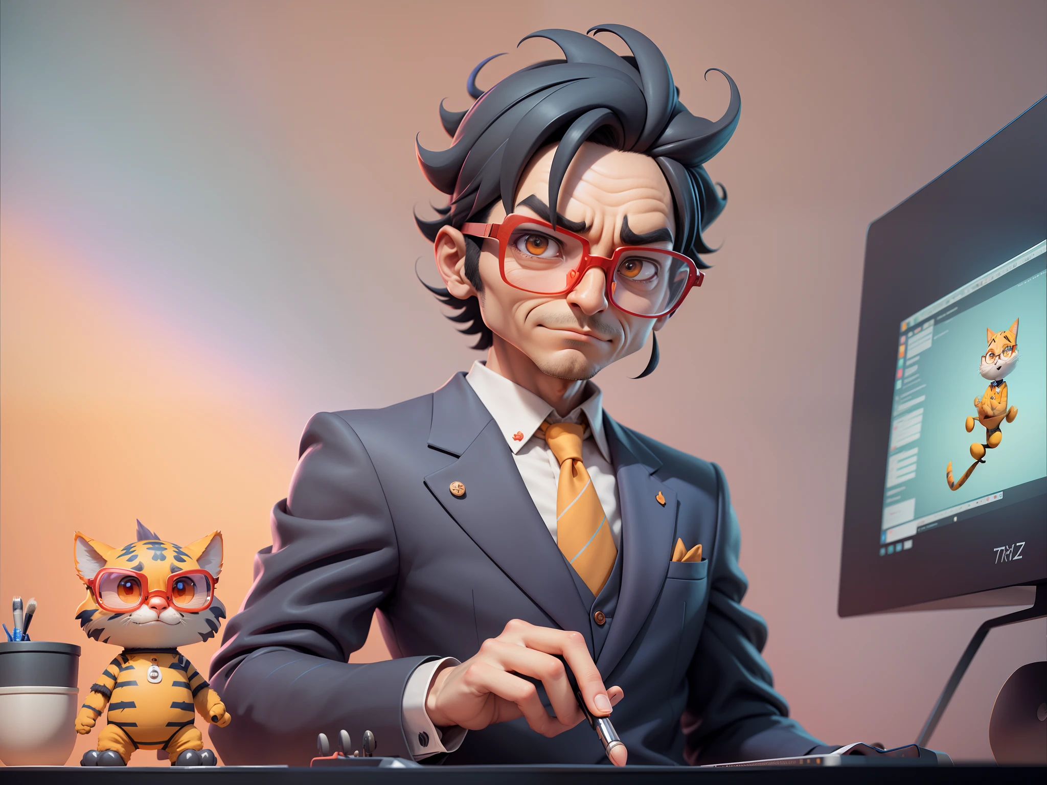 A young man in a suit, Short hair and glasses sat at his desk,holding laptop,digitial painting,tigre,3D character design by Mark Clairen and Pixar and Hayao Miyazaki and Akira Toriyama,4K HD illustration,Very detailed facial features and cartoon-style visuals。