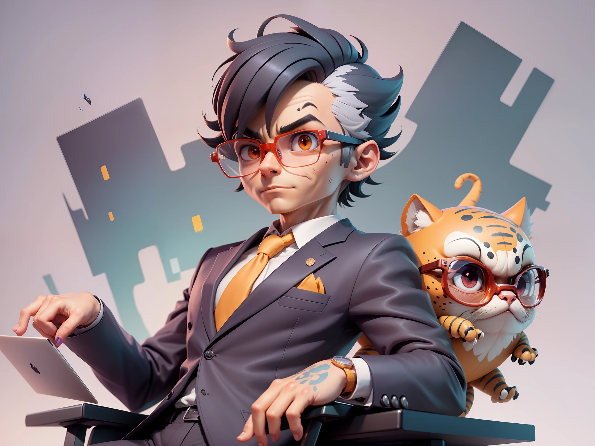 A young man in a suit, Short hair and glasses sat at his desk,holding laptop,digitial painting,tigre,3D character design by Mark Clairen and Pixar and Hayao Miyazaki and Akira Toriyama,4K HD illustration,Very detailed facial features and cartoon-style visuals。
