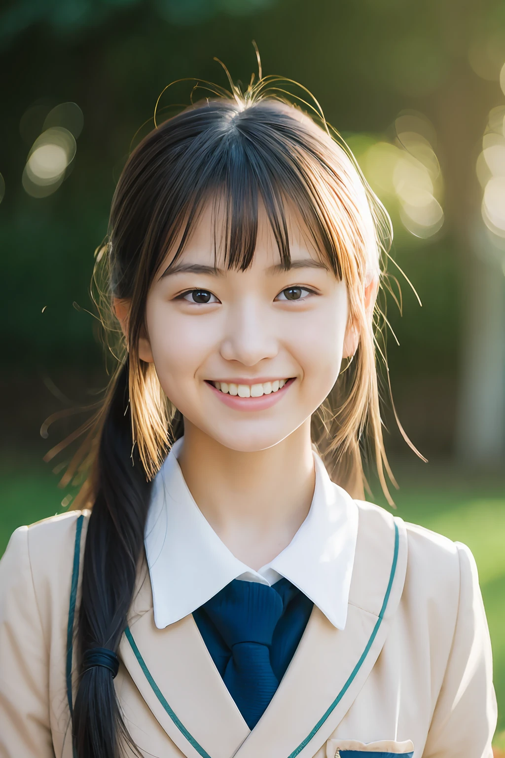 lens: 135mm f1.8, (highest quality),(RAW Photos), (Tabletop:1.1), (Beautiful 9 year old Japanese girl), Cute face, (Deeply chiseled face:0.7), (freckles:0.4), dappled sunlight, Dramatic lighting, (Japanese School Uniform), (On campus), shy, (Close-up shot:1.2), (smile),, (Sparkling eyes)、(sunlight)