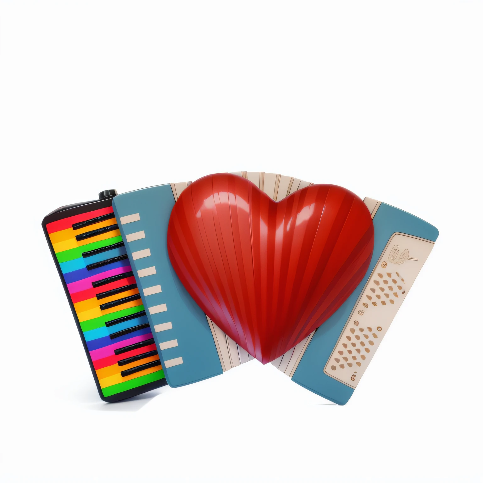 "Arte Digital, estilo cartoon, realistic heart-shaped accordion, detalhado em 3D, teclas em 3d, cor saturada, forte, detalhes de borda suavizado"