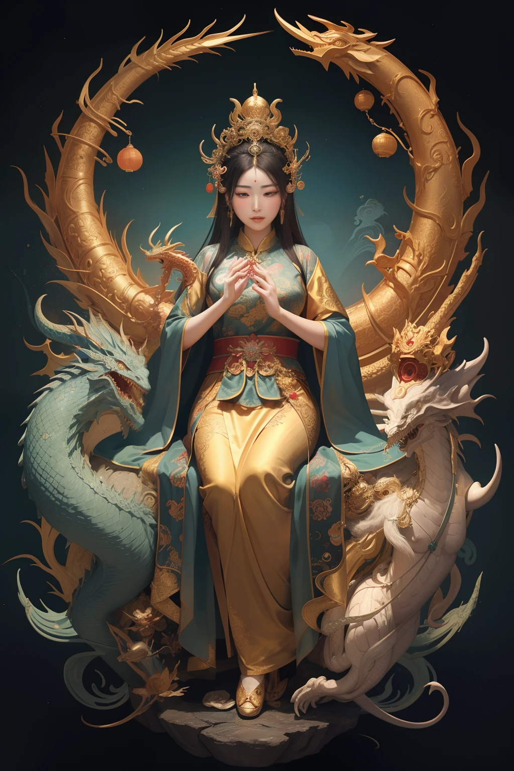 an ancient Chinese goddess, guanyin of the southern seas, Guanyin, Inspired by China, Avalokiteshvara rides a dragon,,Serene expression,shui mo hua,Buddha,Buddhist,Lotus,Chinese painting style,Thangka style