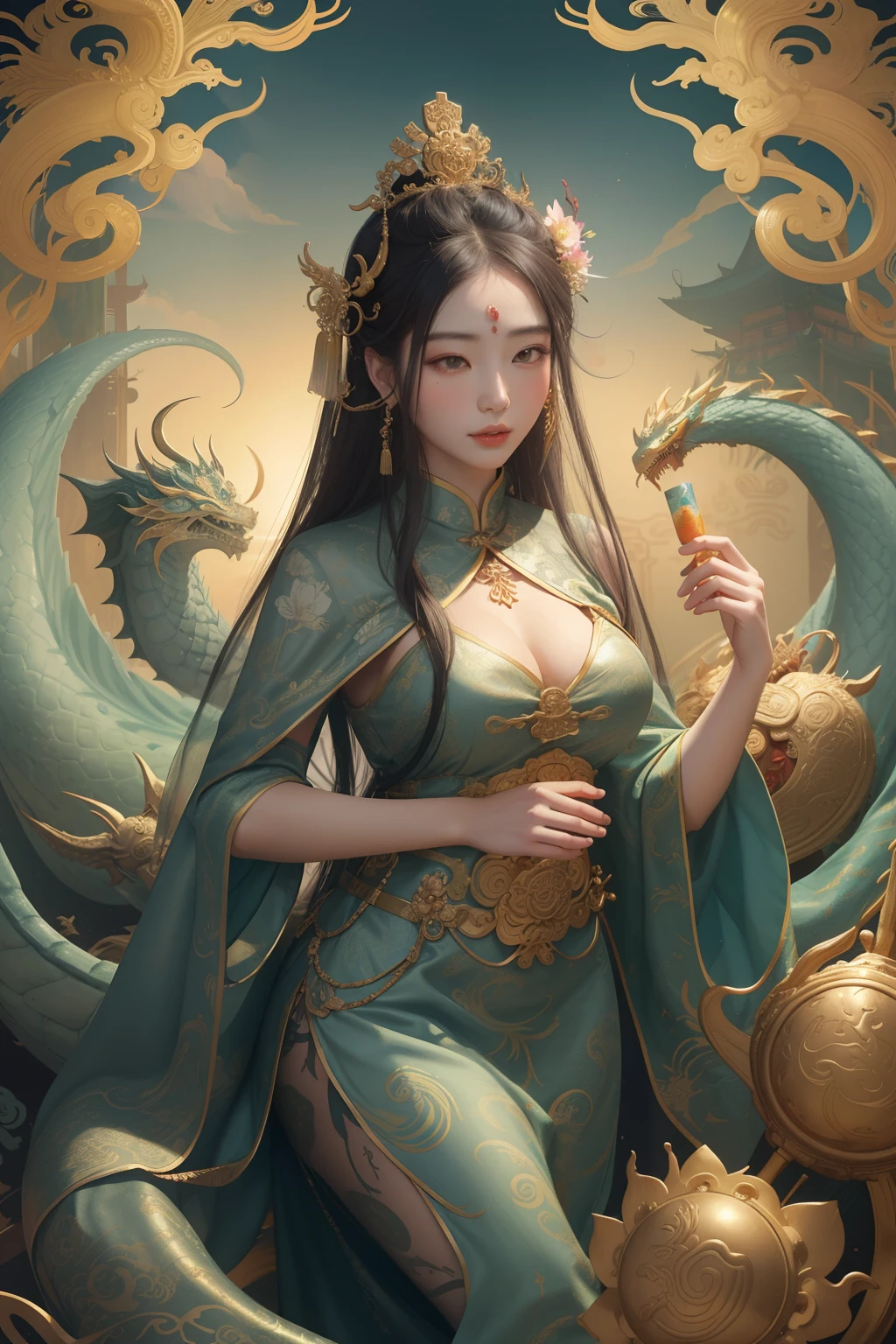 an ancient Chinese goddess, guanyin of the southern seas, Guanyin, Inspired by China, Avalokiteshvara rides a dragon，,Serene expression,shui mo hua,Buddha,Buddhist,Lotus,Chinese painting style,Thangka style