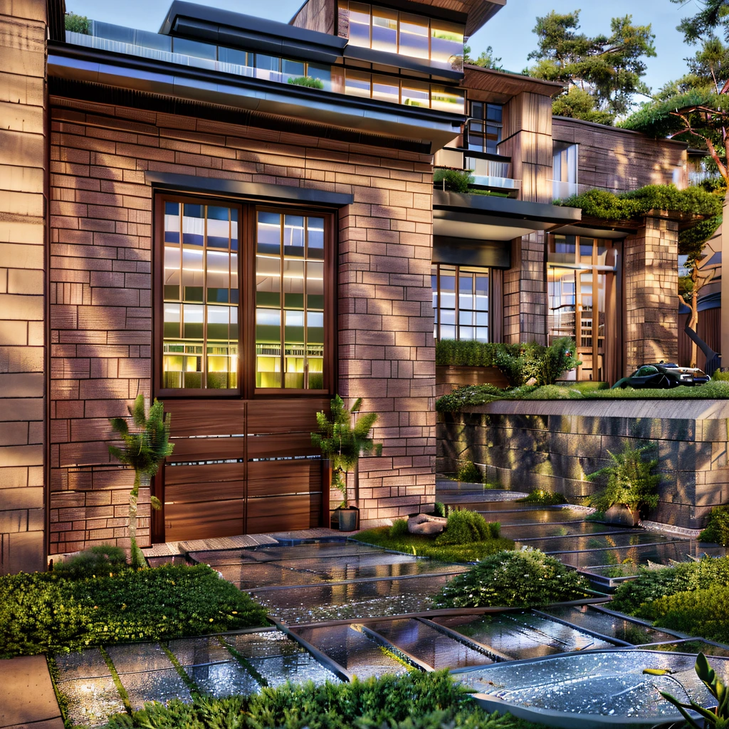 Brick facade of a house with plant vases on the front door, highly detailed digital photography, very detailed digital green ivy on ground, digital painting highly flowers, detailed digital path of concrete pieces on floor, beautiful detailed and stunning art style, hyper detailed scene, high detail digital vegetation, detailed concept architectural photography, sunset afternoon ambient