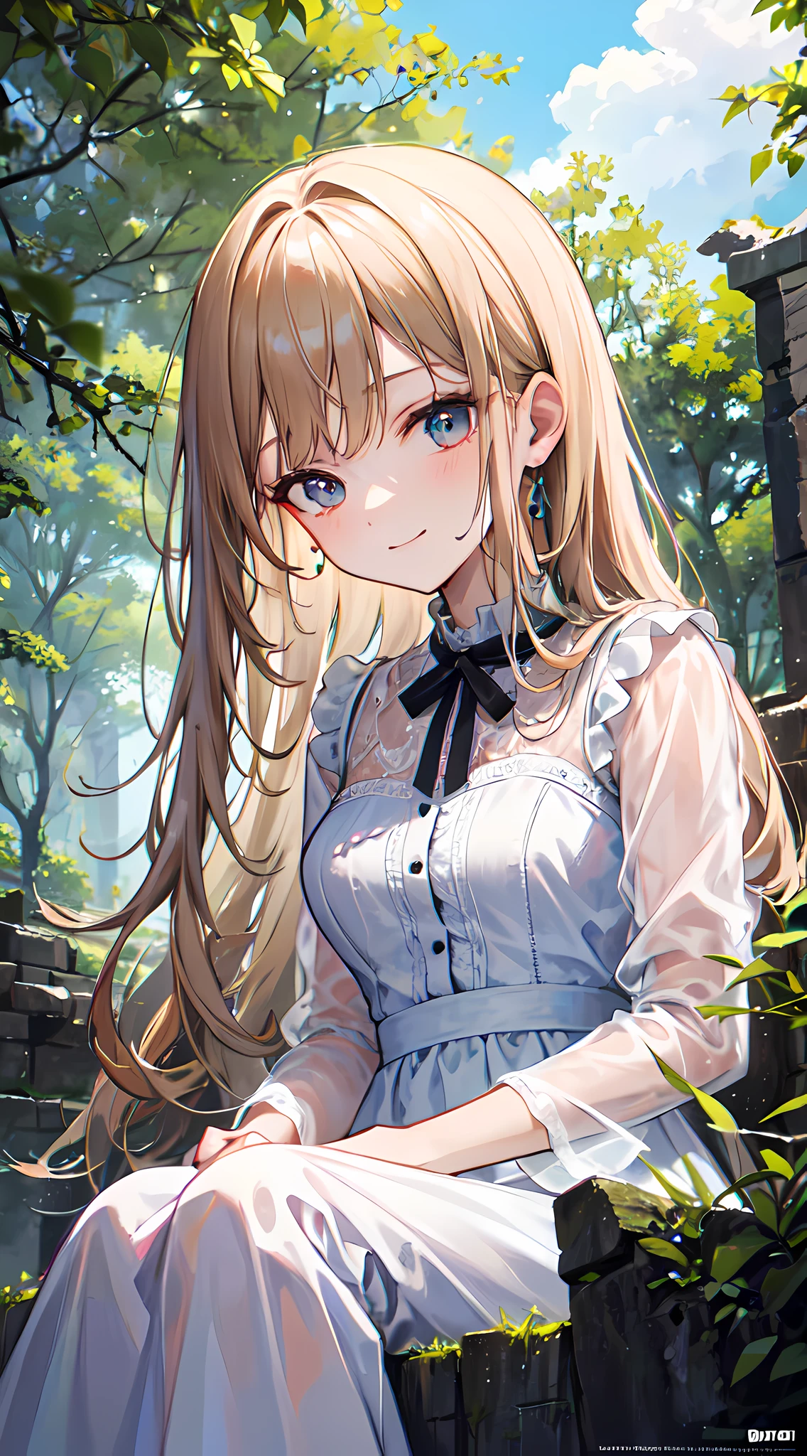 (masterpiece, best quality:1.4), 8k, official art, raw photo, absurdres, from below, girl, evil smile, upper body, sitting, white summer dress, wet, see-through, stone bridge, ruins, sky, woods, stream, detailed shadow, light leaks, perspective, depth of field, sharp focus, highres, ultra detailed, finely detail, extremely detailed, (detailed eyes and face, sharp pupils, realistic pupils:0.6)