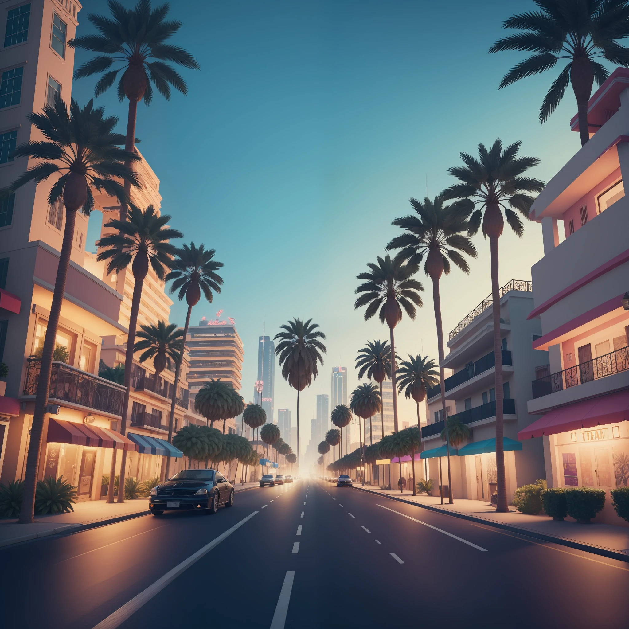 award-winning still of a beautiful city street, palm trees, street level, masterpiece, best quality, extremely detailed, 4k, 8k, top-notch digital art, photographic, hip hop album cover, unreal engine 5, octane render, hyper realistic, uhd, trending on pinterest, wallpaper, neon, rap music mixtape cover, beautifully lit, perfect lighting