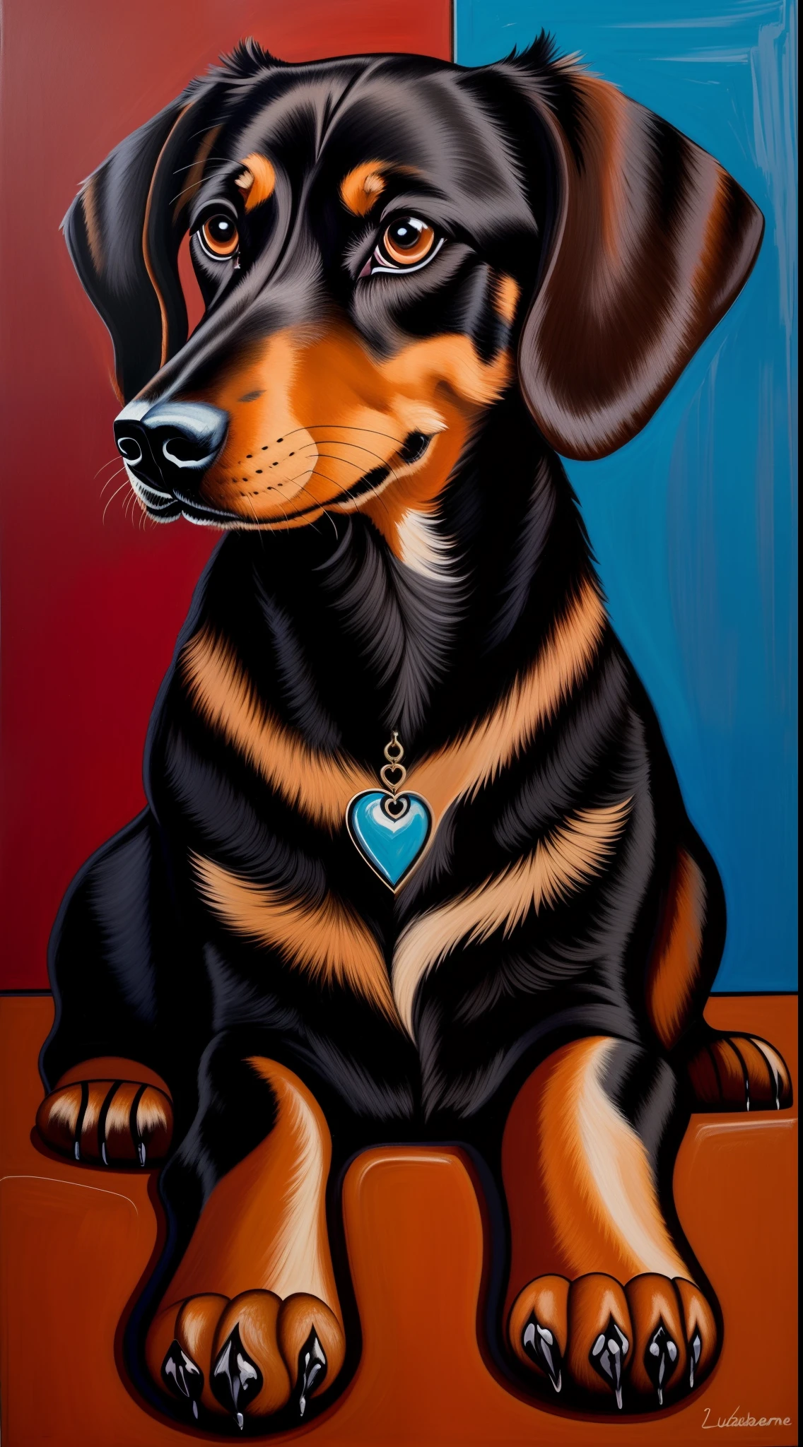 painting of a black and tan dog sitting on a brown surface, portrait of a dachshund, dachshund, painting of cute dog, by Lucette Barker, by Joan Brown, painted in acrylic, by Heather Hudson, by Carol Sutton, beautiful painting of a tall, an acrylic painting, by Betty Merken, by Judy Takács, portrait zeus