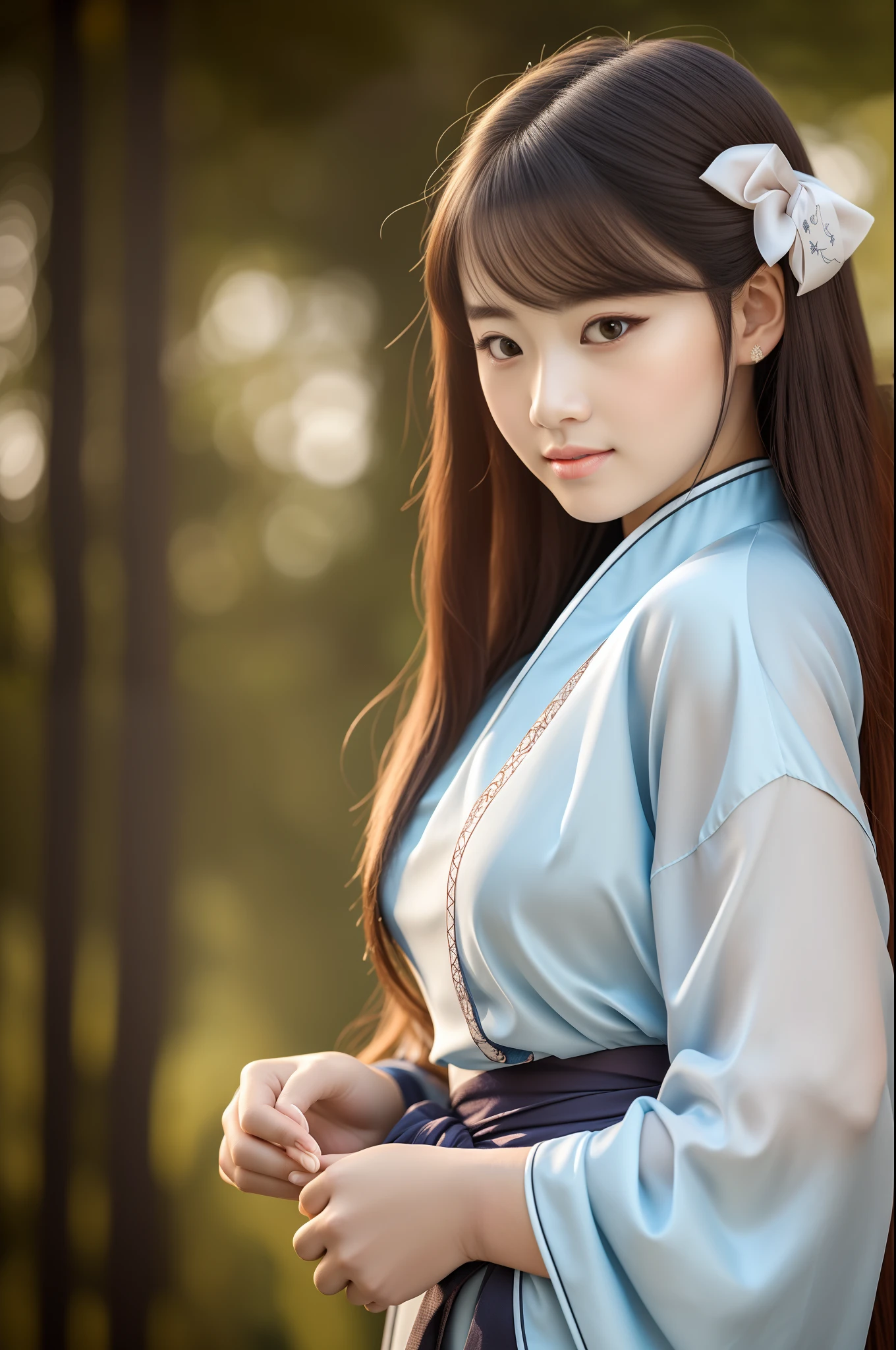 Beautiful woman in summer Hanfu,Soft cloth,Coiled hair,long whitr hair,face round,largeeyes,slightly fat big breasts,plumw,Big chest,ass big,Thick legs,Dignified,Delicate facial features,prette,Good-looking,studio photoshot,Indoor studio photo on dark background,Stereoscopic lighting,realisticlying,The texture is clear,Authentic texture,k hd,A high resolution,high qulity,8K