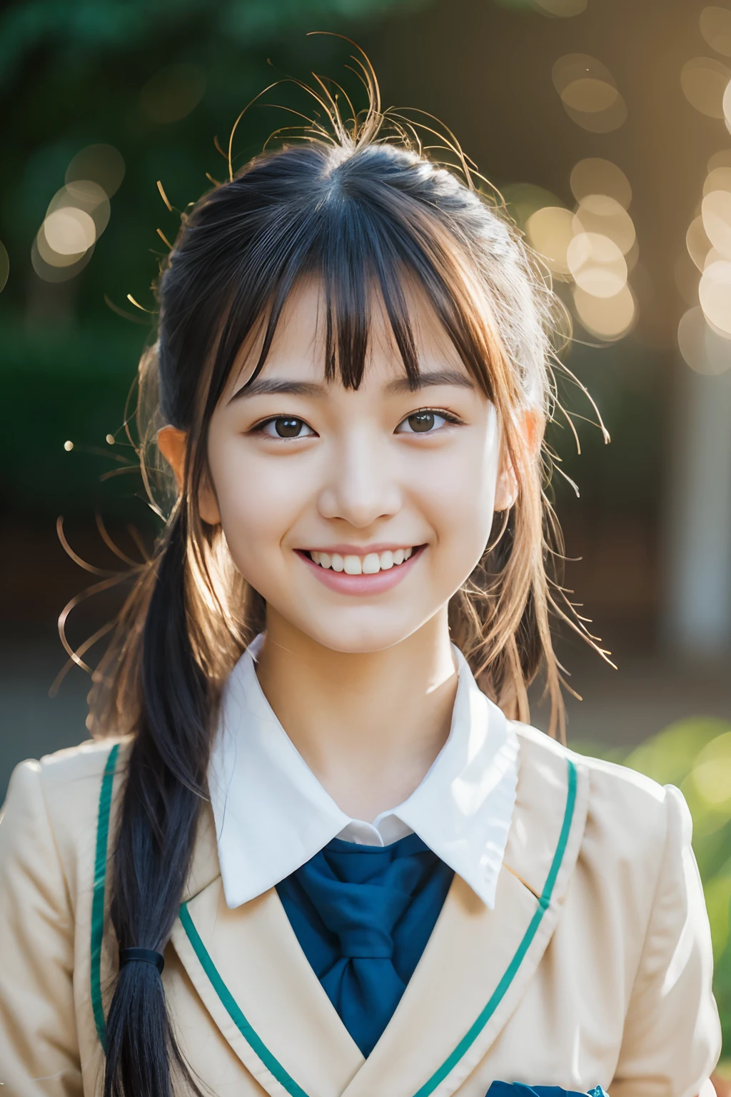 Lens 135mm f1.8, (Best Quality),(Raw photo), (masutepiece:1.1), (Beautiful 18 year old Japan girl), cute  face,  (Chiseled face:0.7), (hitornfreckles:0.6), Dappled sunlight, Dramatic Lighting, (Japan school uniform), (in a school), Shy, poneyTail, (Close-up shots of:1.2), (Laugh),, (Sparkling eyes)、(sunlights),