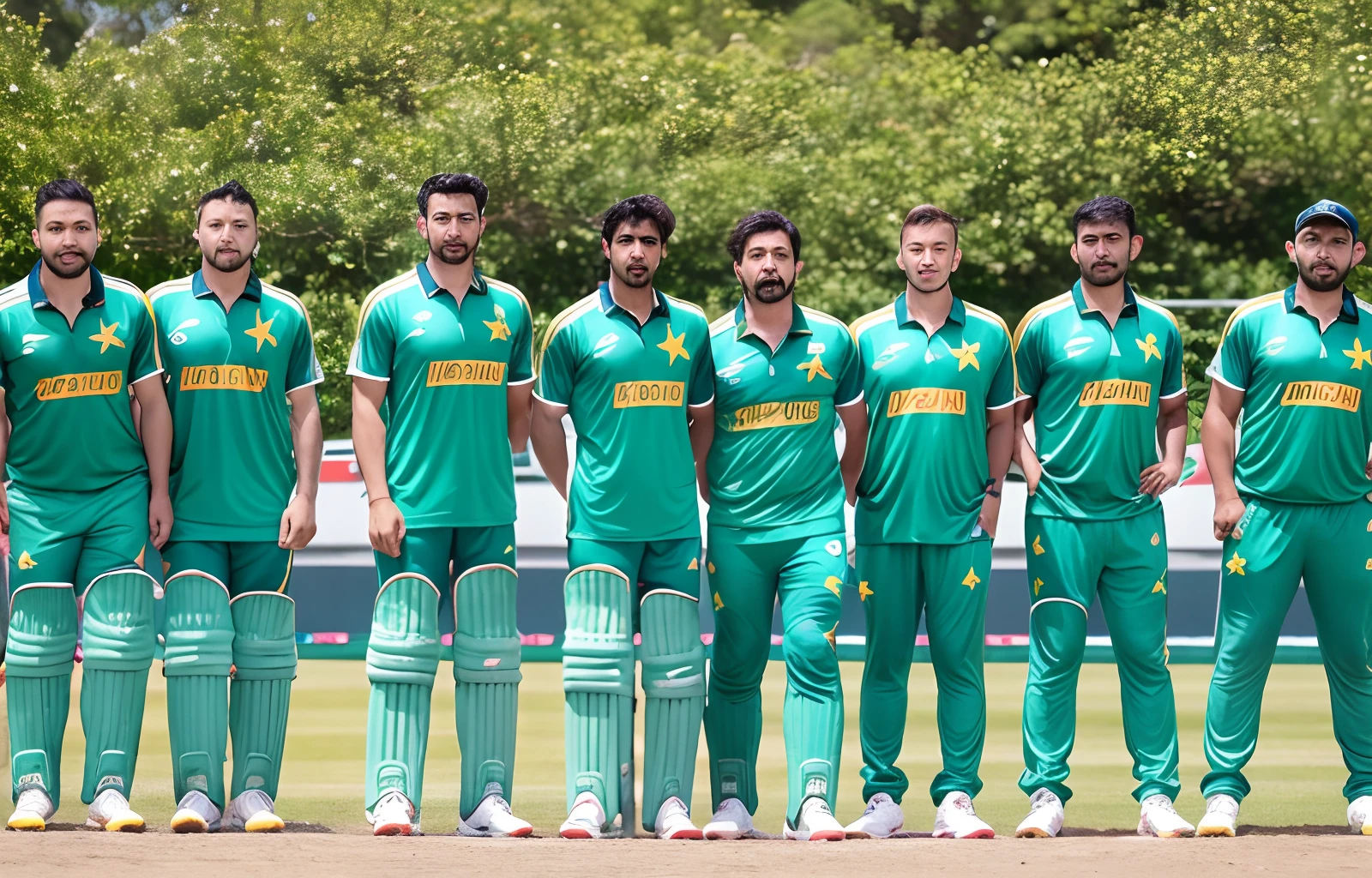 pakistan cricket team 11 player squad in a beautiful green jersey in a row standing in the ground with lights on,ultra realistic,8k,landscape,ultra hd --auto --s2