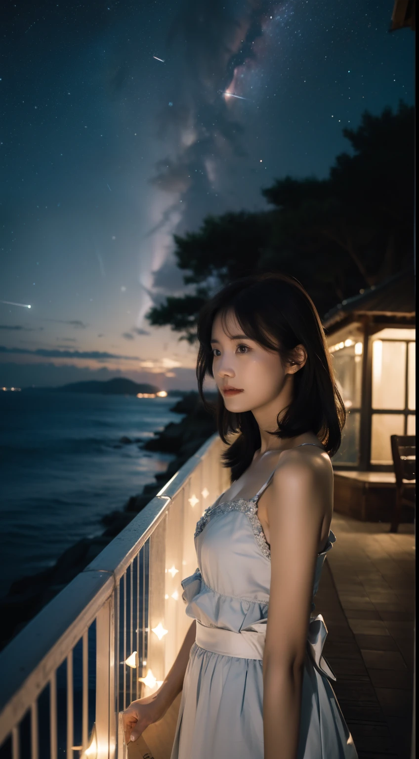 (((Beautiful starry sky)))、shores、sea side、1girl in