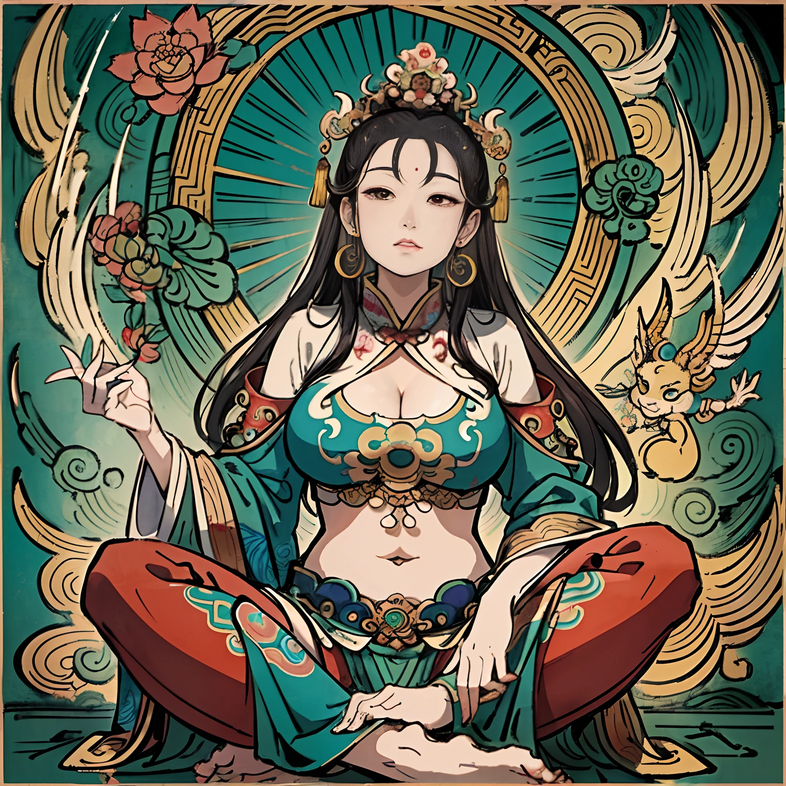 an ancient Chinese goddess, guanyin of the southern seas, Guanyin, Inspired by India, Avalokiteshvara rides a phoenix，,Serene expression,shui mo hua,Buddha,Buddhist,Lotus,Chinese painting style,Thangka style