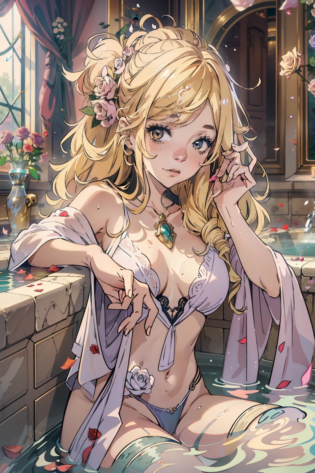 (nsfw), ((1girl)), ((masterpiece)), realistic, ((highly detailed:1.3)), beautiful princess bathing in a marble tub, ((very long blonde hair)), wet hair, wearing a sheer bathrobe, clothed bathing, ivorygoldai, royal palace bathroom setting, steam, ornate marble tub, (rose petals floating in water:1.3), early morning light, windows, crepuscular lighting, dynamic pose, dynamic angle