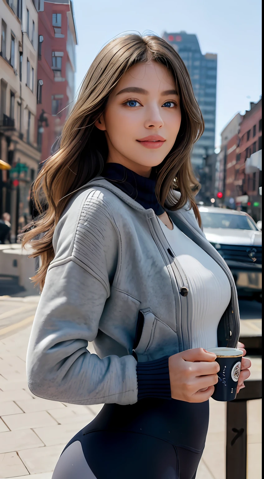 (masterpiece, best quality:1.4), (modern days), (cowboy shot), 1girl, solo, pov, sfw,
stunning girlfriend, (standing:1.1), dynamic pose, (white oversized sweater, knit sweater:1.4), (tight yoga pants, dark grey yoga pants:1.4), (short navy blue jacket, denim jacket:1.4), long blonde hair, swept bangs, heart shaped face, elegant face, beautiful face, highly detailed face, highly detailed skin, skin pores, subsurface scattering, (detailed blue eyes), realistic pupils, large breast, loving smile, looking at viewer, full face blush, full lips, holding a single coffee cup, centered,
coffee shop in background, city street, sunny day, wind, detailed background, depth of field, atmospheric perspective, volumetric lighting, sharp focus,
absurdres, realistic proportions, good anatomy, (realistic, hyperrealistic:1.4), 16k hdr,