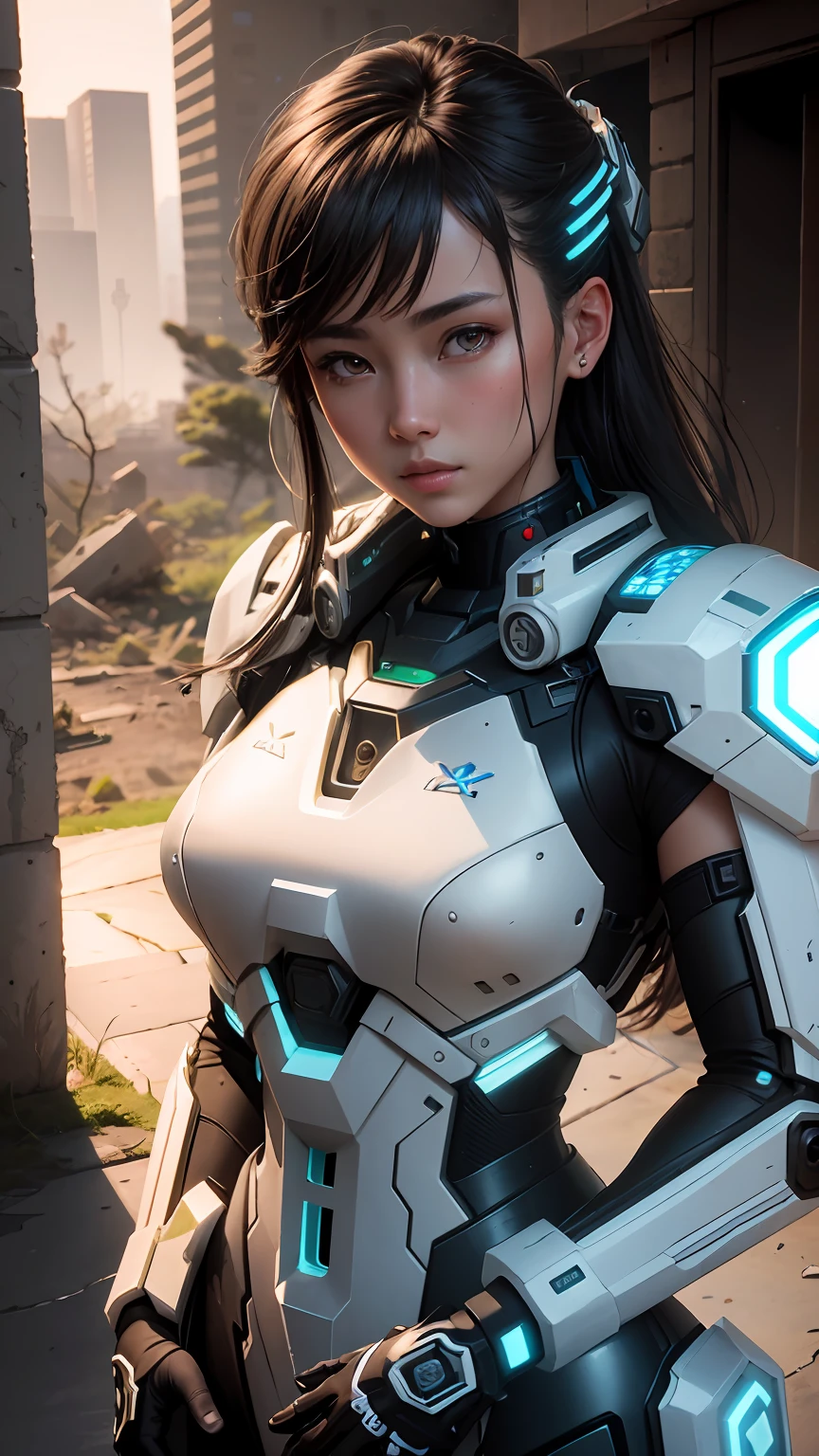 ((Best Quality)), ((Masterpiece)), (Very Detailed:1.3), 3D, Shitu-mecha, Beautiful cyberpunk woman with her white and blue mech in the ruins of a city in the forgotten war, Ancient technology, HDR (High Dynamic Range), ray tracing, NVIDIA RTX, Super Resolution, Unreal 5, Subsurface scattering, PBR texture, Post-processing, Anisotropic filtering, Depth of field, Maximum sharpness and sharpness, Multi-layer texture, Albedo and highlight maps, Surface shading, Accurate simulation of light-material interactions, perfect proportions, octane rendering, duotone lighting, low ISO, white balance, rule of thirds, wide aperture, 8K RAW, efficient sub-pixels, subpixel convolution, luminescent particles, light scattering, Tyndall effect