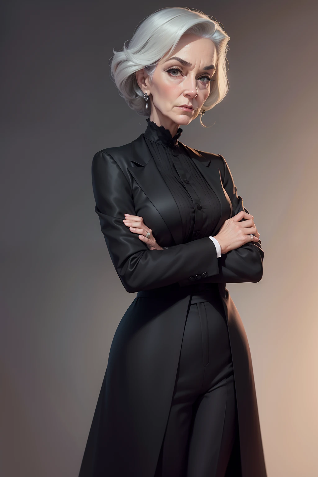 qualidade de arte original, imagem de corpo inteiro, Disney character animation style, Tia Mary Anne, idade de 70 anos, cabelos grisalhos, olhos misteriosos, folded arms, Formal black clothes from the 50s imposing facing the mansion