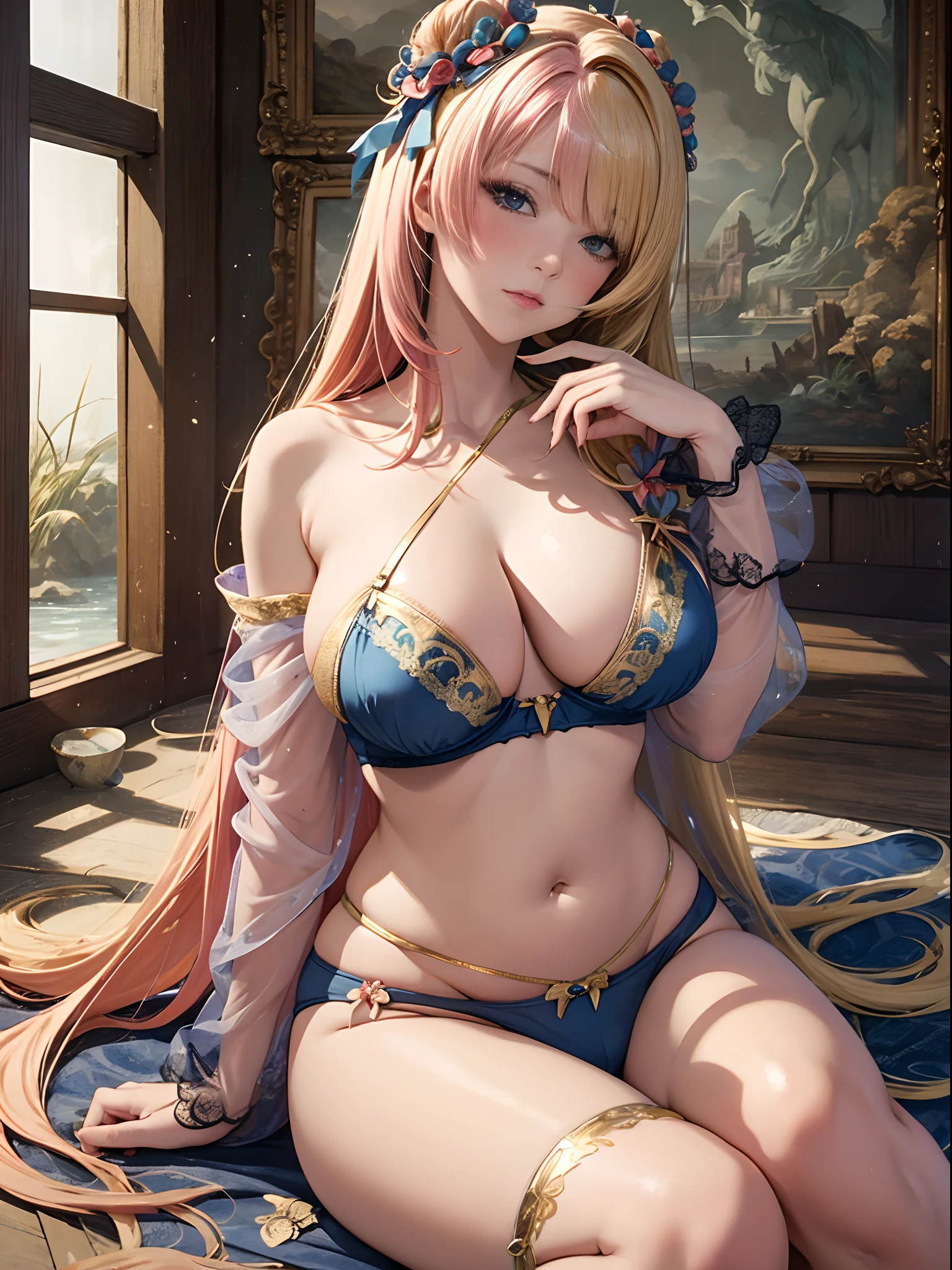 （Enrich the picture，Masterpiece level quality）Beautiful 8K CG artwork，Goddess-like posture，sittinng on the river，Postural exercises，Slim and soft，Translucent skin，Gold dust hair、The beauty of extra-long hair, Super Long Straight Hair，The skin is fair and juicy，Big breasts underwear uniform，Perspective Part 1.2x enhanced silhouette effect，Exquisite transparent blues pattern in pajamas，The details are intricate and exquisite，The background is slightly blurred，Charming and lustful leg seduction，Drool，K cup big breasts，Blush，Japan goddess，Perfect body slim curves，Scene by the sea，