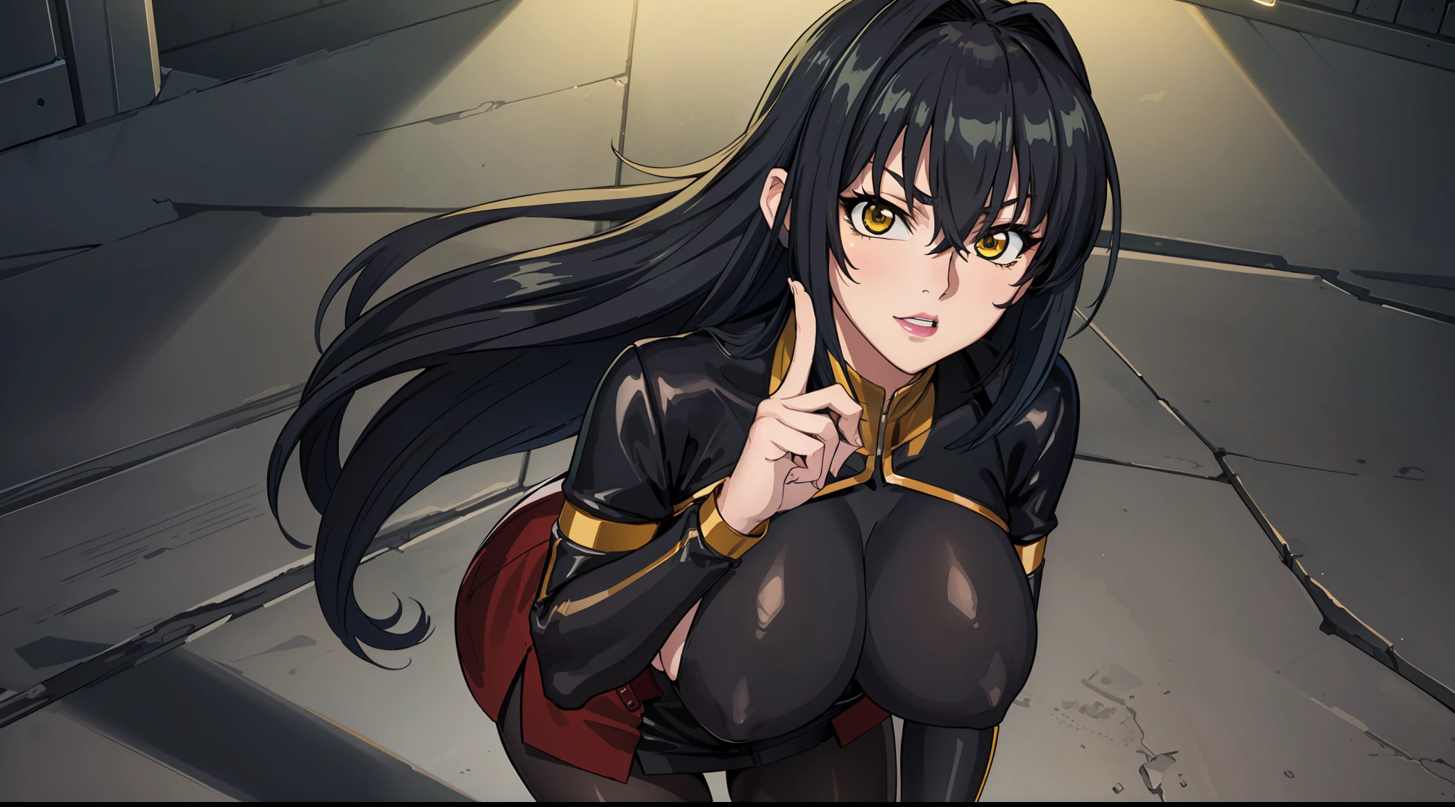 professional artwork, Intricate Details, field of view, sharp focus, detailed painting, photorealistic lighting, trending on pixiv, Standing at attention, black outfit ,yellow collared shirt,black bodysuit,skin_tight,black legwear, black pantyhose, Side_boob, black hair,very long hair, Bangs,yellow eyes,makeup, lipstick, 35yo,mature female,Beautiful Finger,Beautiful long legs,Beautiful body,Beautiful Nose,Beautiful character design, perfect eyes, perfect face, looking at viewer,official art,extremely detailed CG unreal engine, 8k wallpaper, perfect lighting,Colorful, Bright_Front_face_Lighting, (masterpiece:1.0),(best_quality:1.0), ultra high res,4K,ultra-detailed, photography, 8K, HDR, highres, absurdres:1.2, Kodak portra 400, film grain, blurry background, (Beautiful,large_Breasts:1.4), (beautiful_face:1.5),(narrow_waist), (solo:1.4), ((landscape dimension)),