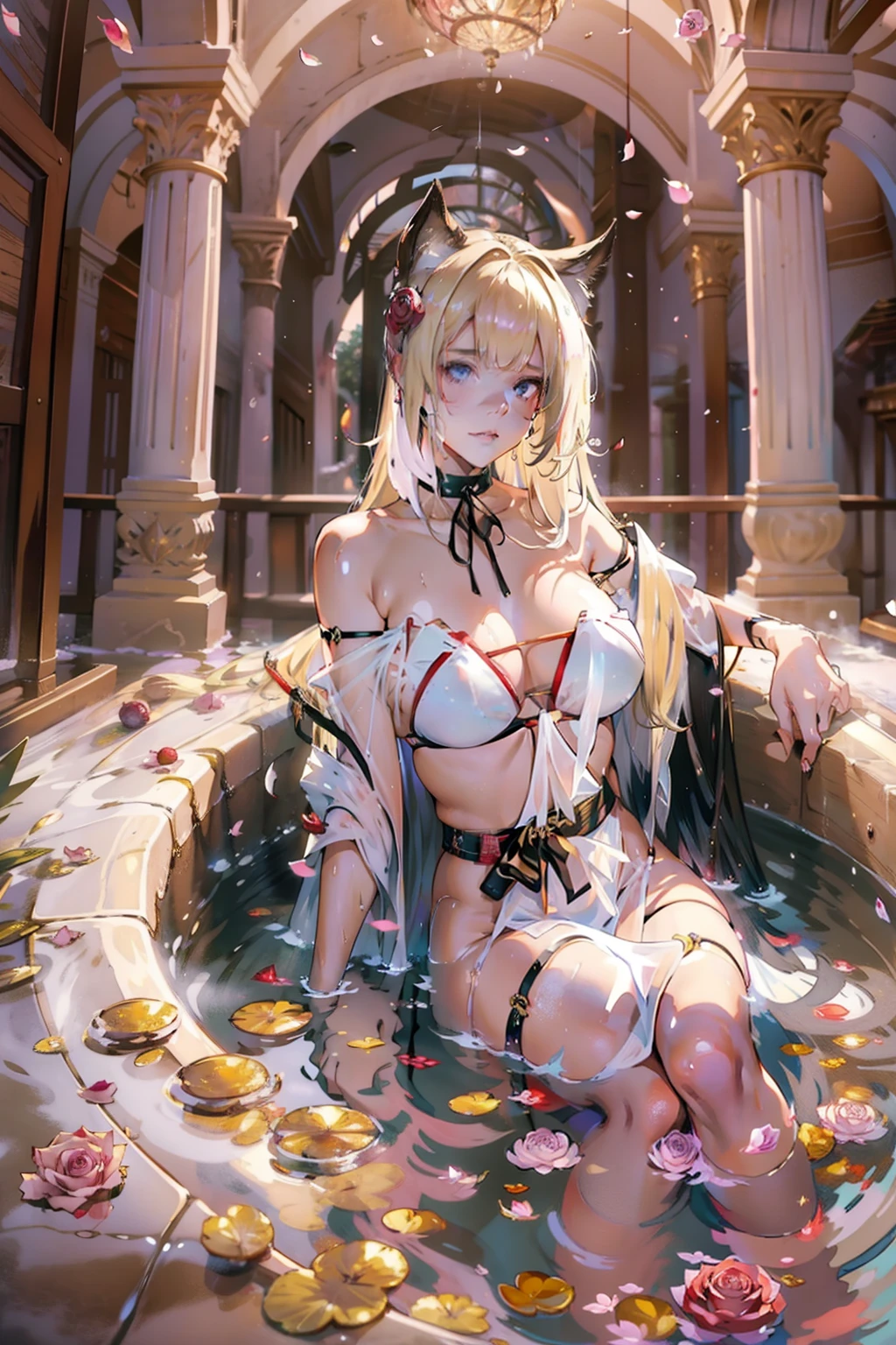 (nsfw), ((1girl)), ((masterpiece)), realistic, ((highly detailed:1.3)), beautiful princess bathing in a marble tub, ((very long blonde hair)), wet hair, wearing a sheer bathrobe, clothed bathing, ivorygoldai, royal palace bathroom setting, steam, ornate marble tub, (rose petals floating in water:1.3), early morning light, windows, crepuscular lighting, dynamic pose, dynamic angle