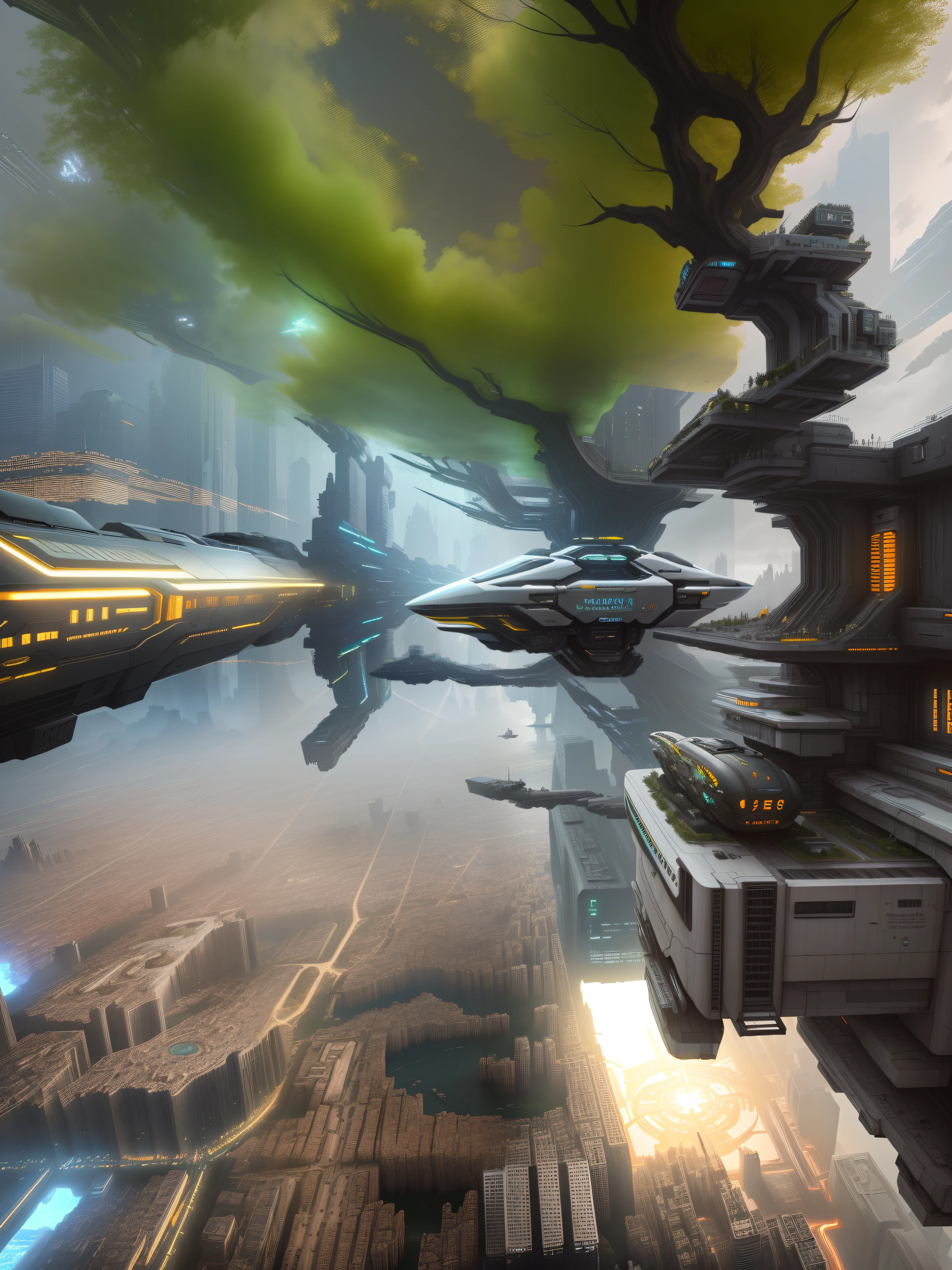 Futuristic cityscape, ((Cyborg)), mechanical sense, (irregular architecture), mechanical, (cyberpunk), (levitation train), drone, realistic lighting, (abyss) masterpiece, high quality, exquisite graphics, high detail,