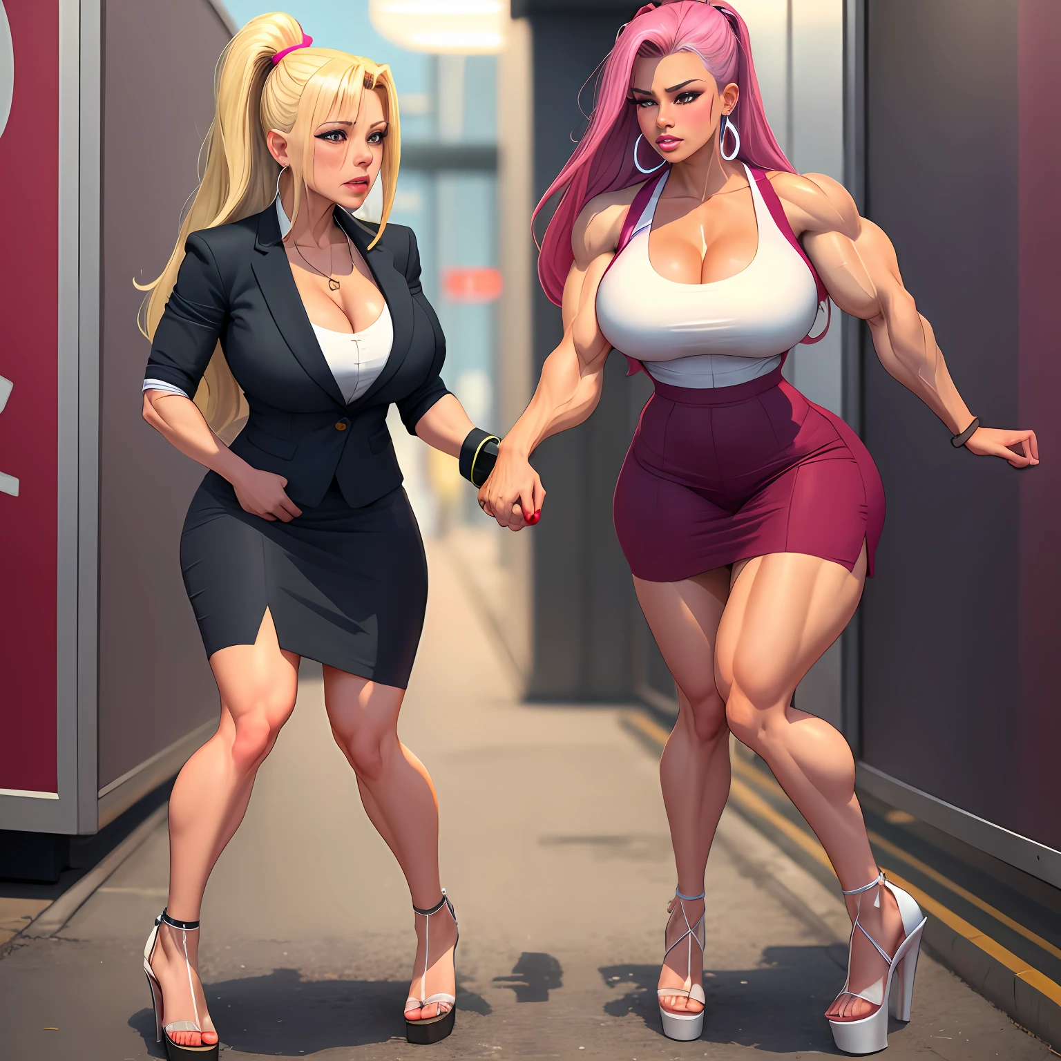tanned Brazilian woman, dark-skinned girl, ganguro girl, Two girlfriends, muscular legs, muscular calves, Strong legs, muscular hips, wide thighs, Curvy hips, high-heeled sandals, tights in a net, Stiletto heels, Women's business suit with a short skirt, large ring earrings, He really wants to pee, hugging, caress each other , At the beer festival, Leg by foot, wants to pee, desperately wants to pee, wants to urinate, An expression of shame on his face, confusion, crying, Palm on stomach, crumples the hem of the skirt with his hands, Knees clenched, Hips clenched, Tense posture, bites his lower lip, full bladder, terribly wants to go to the toilet, anatomically correct, Realistic,