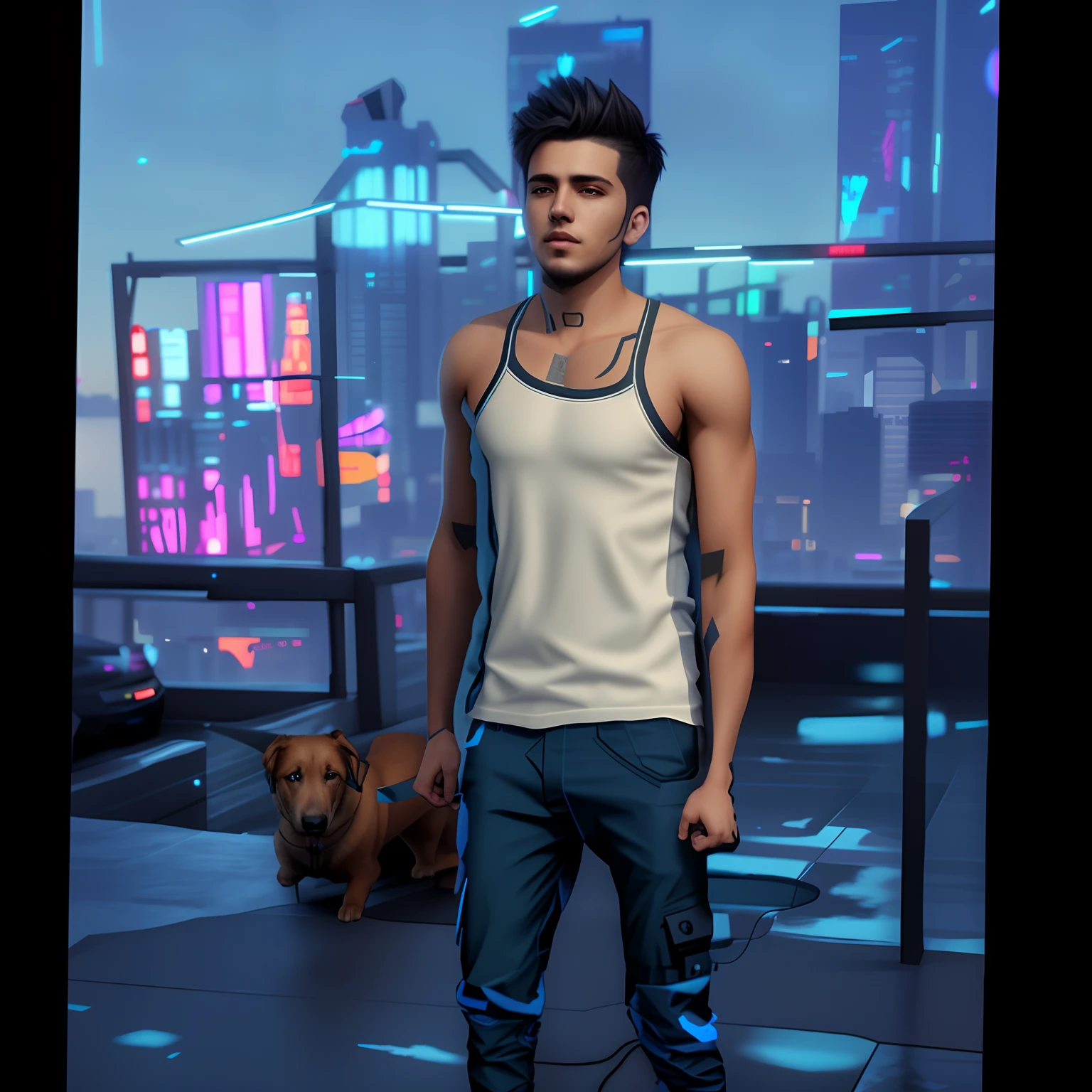 3d Cyberpunk handsome boy ultra realistic with dog 50kHDR