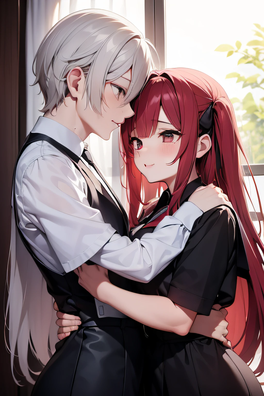 1man, sharp blue eyes with sharp pupils, white sharp hair and he was wearing black noble robes and, intimate hug and going to kiss with his lovely red-haired ((41 year old face))