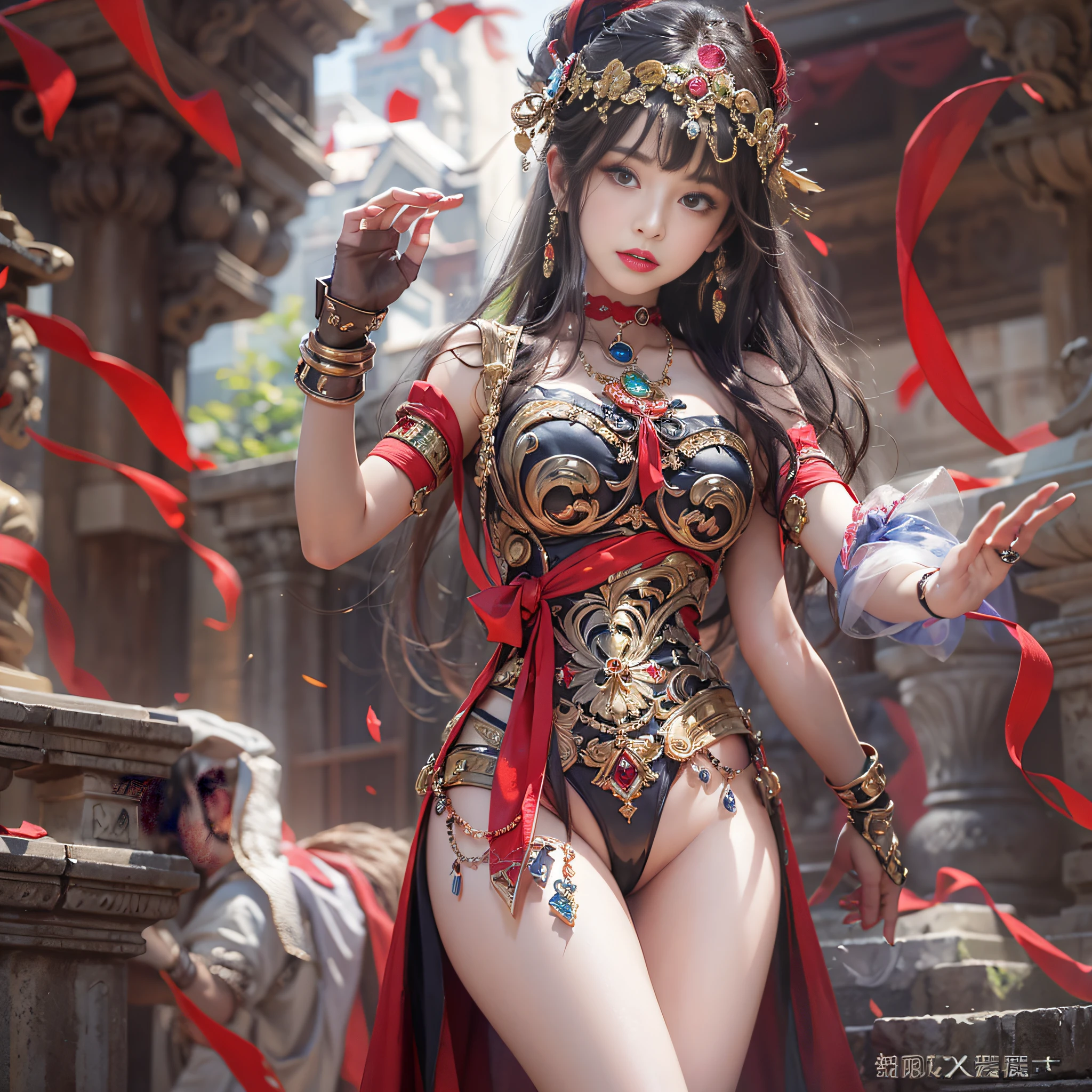 ((masterpiece:1.4)、(top-quality:1.4)、(reallistic:1.7))、Beautiful girl strolling in garden of mythical world ancient city、Sexy Daughter、Super beautiful girl、1girl in:1.4、Dress like a queen、Glossy luxury latex、Luxury Latex Bodysuit、By Luis Royo、age19、Super Ultra Ultra Bikini、Outstanding style、(Two legs are drawn correctly:1.7)、(Two arms are drawn correctly:1.4)、anatomical correct、Slender Abs、(beauty legs:1.4)、beautiful countenance、kawaii faces、Beautiful ass、A detailed eye、beautidful eyes、Raw photo、red-lips、Red high heels、a choker、a necklace、耳Nipple Ring、Fantasy of an ancient city、Mythological worldview