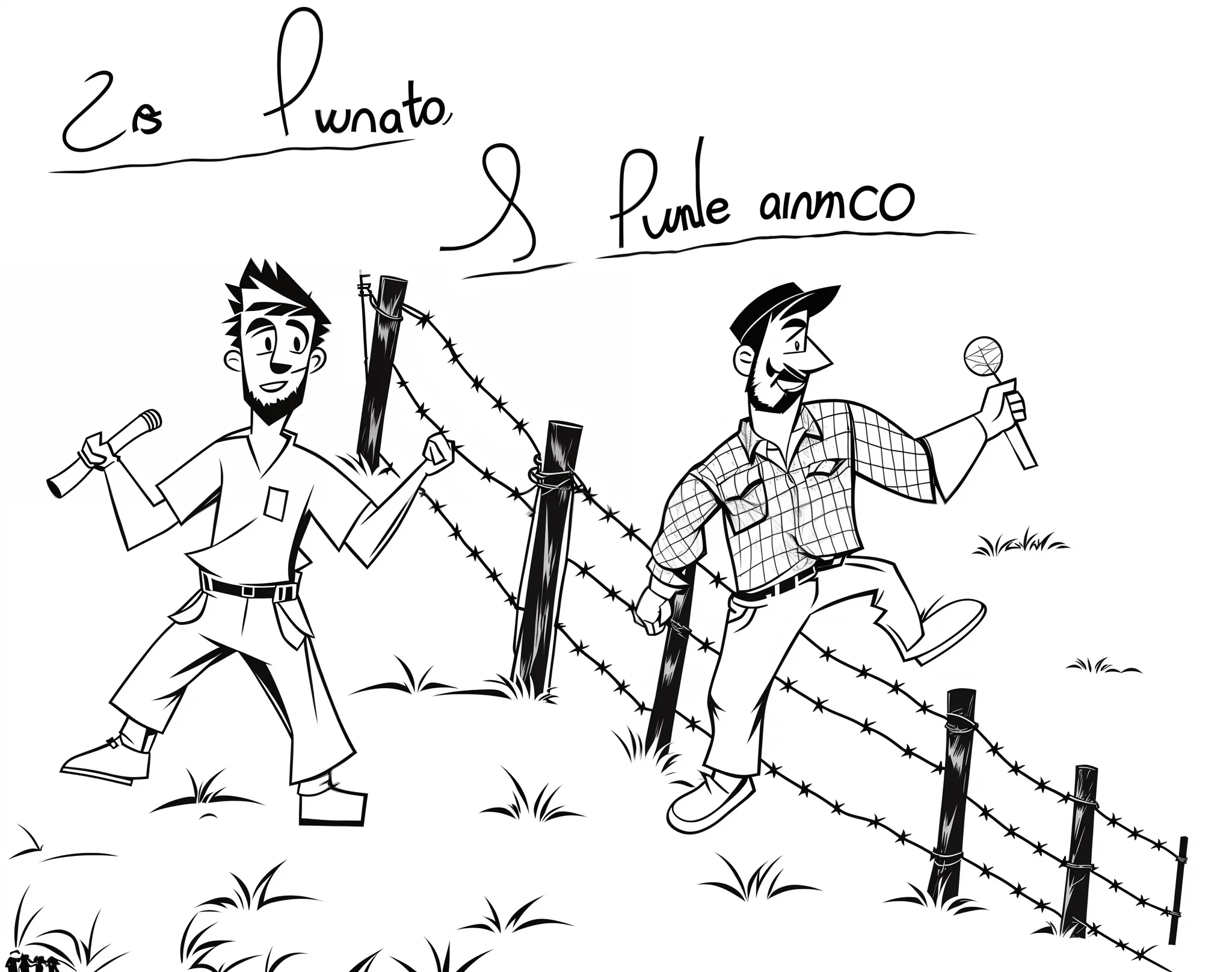 Cartoon of two men walking behind one near barbed wire, fundo com montanhas.