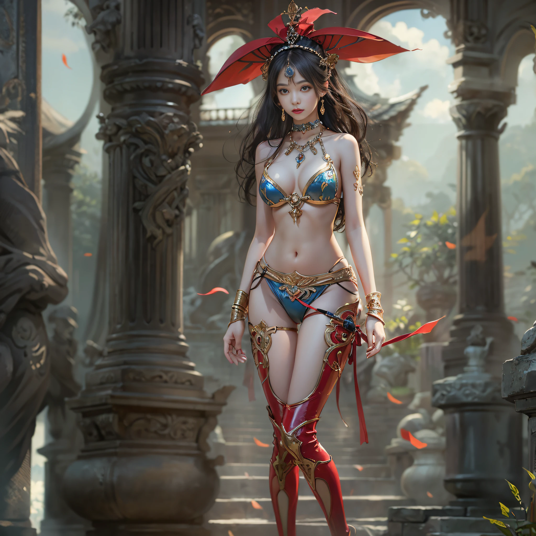 ((masterpiece:1.4)、(top-quality:1.4)、(reallistic:1.7))、Beautiful girl strolling in garden of mythical world ancient city、Sexy Daughter、Super beautiful girl、1girl in:1.4、Dress like a queen、Glossy luxury latex、Luxury Latex Bodysuit、By Luis Royo、age19、Super Ultra Ultra Bikini、Outstanding style、(Two legs are drawn correctly:1.7)、(Two arms are drawn correctly:1.4)、anatomical correct、Slender Abs、(beauty legs:1.4)、beautiful countenance、kawaii faces、Beautiful ass、A detailed eye、beautidful eyes、Raw photo、red-lips、Red high heels、a choker、a necklace、耳Nipple Ring、Fantasy of an ancient city、Mythological worldview