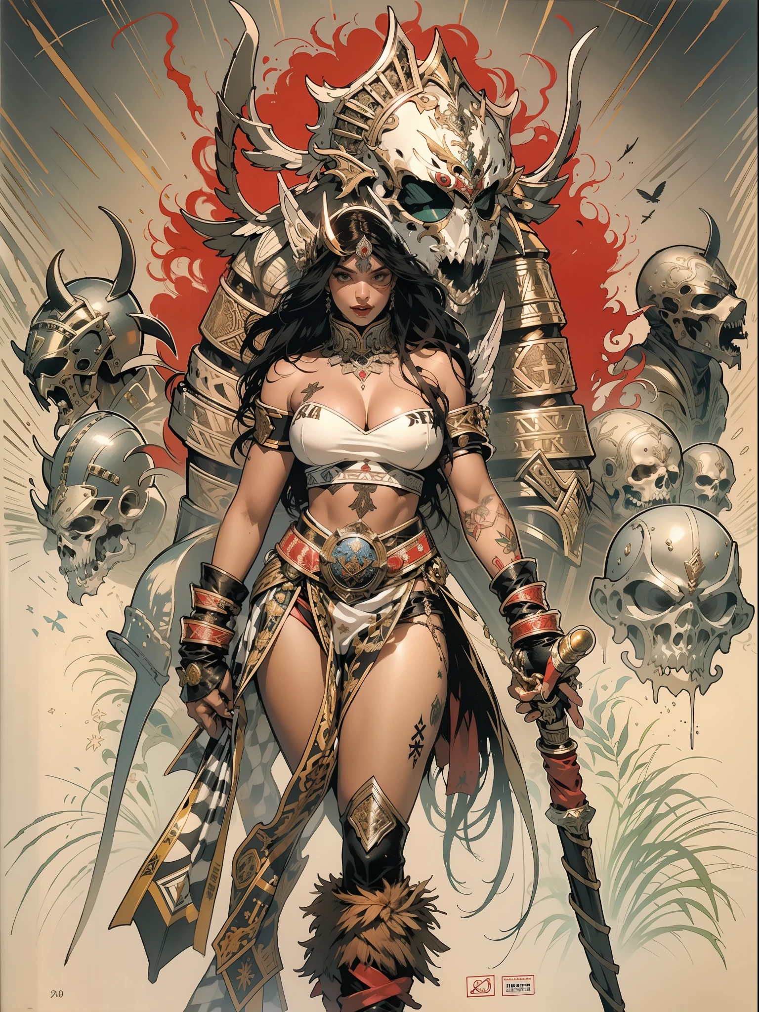 (((mulher))), (((melhor qualidade))), (((obra prima))), (((adulta))), Uma guerreira mulher de 35 anos com corpo perfeito, Brooklyn Gladiators, (( under boobs )), quase nua no estilo selvagem urbano de Simon Bisley para a capa da revista Heavy Metal, cabelo loiro, Minimum clothing, red and white checkered pattern, armadura, cheio de pontas e rebites, tatuagem tribal, (((do joelho pra cima))), cabelo desalinhado