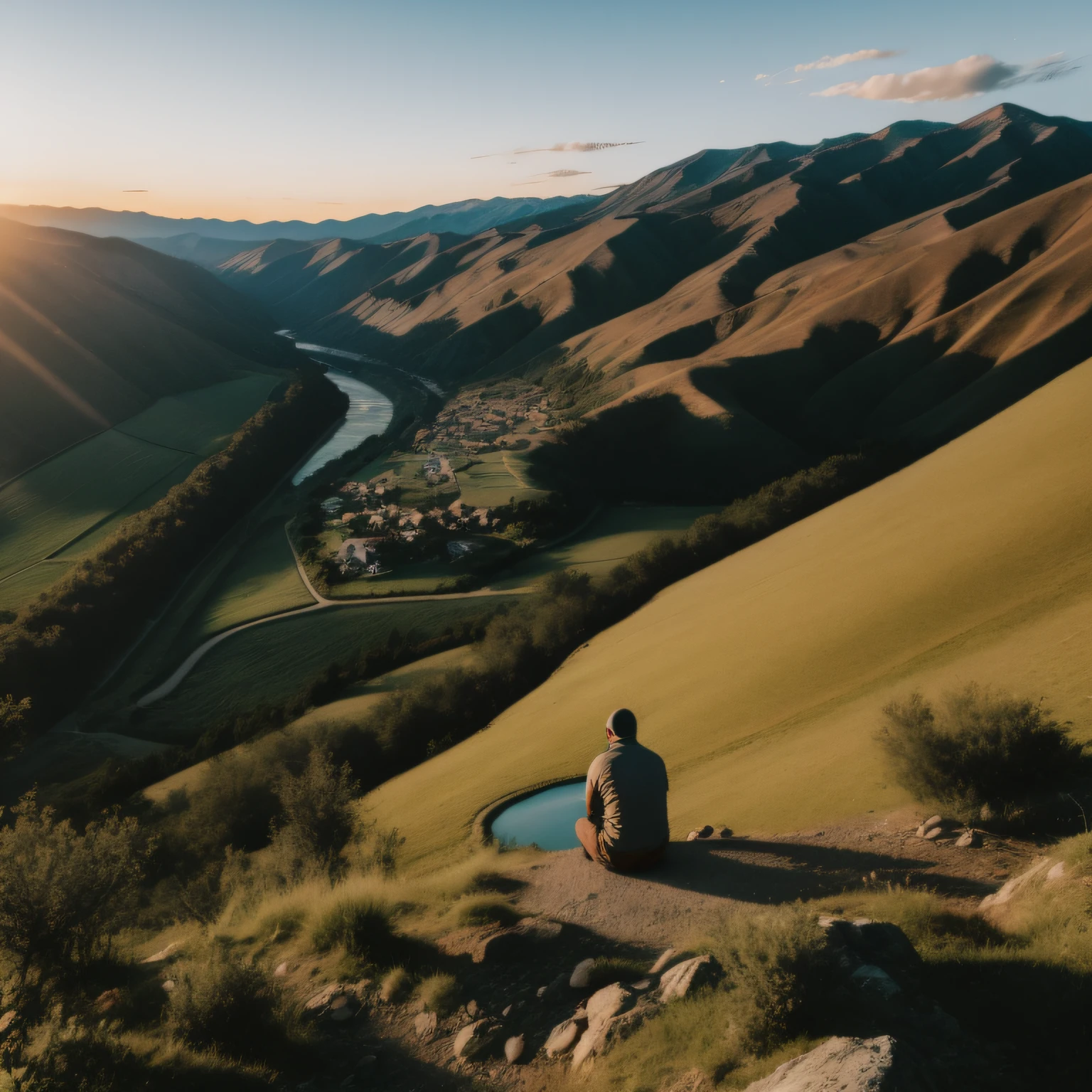 man sitting top of a mountain during sunset with a valley having a single house , river, and people working in fields in front