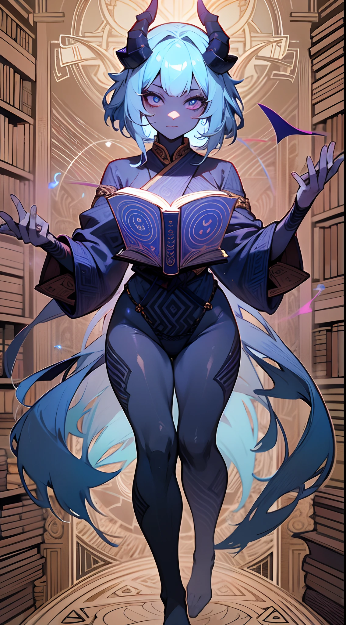 ((full body)) oni, demon girl, arcane geometric patterns on face, twisted horns, neon blue hair, mystical, arcane ((indigo skin)), ancient library of magic, deciphering arcane texts, unraveling secrets of the universe, detailed face, arcane tome, flowing arcane robes, wholesome