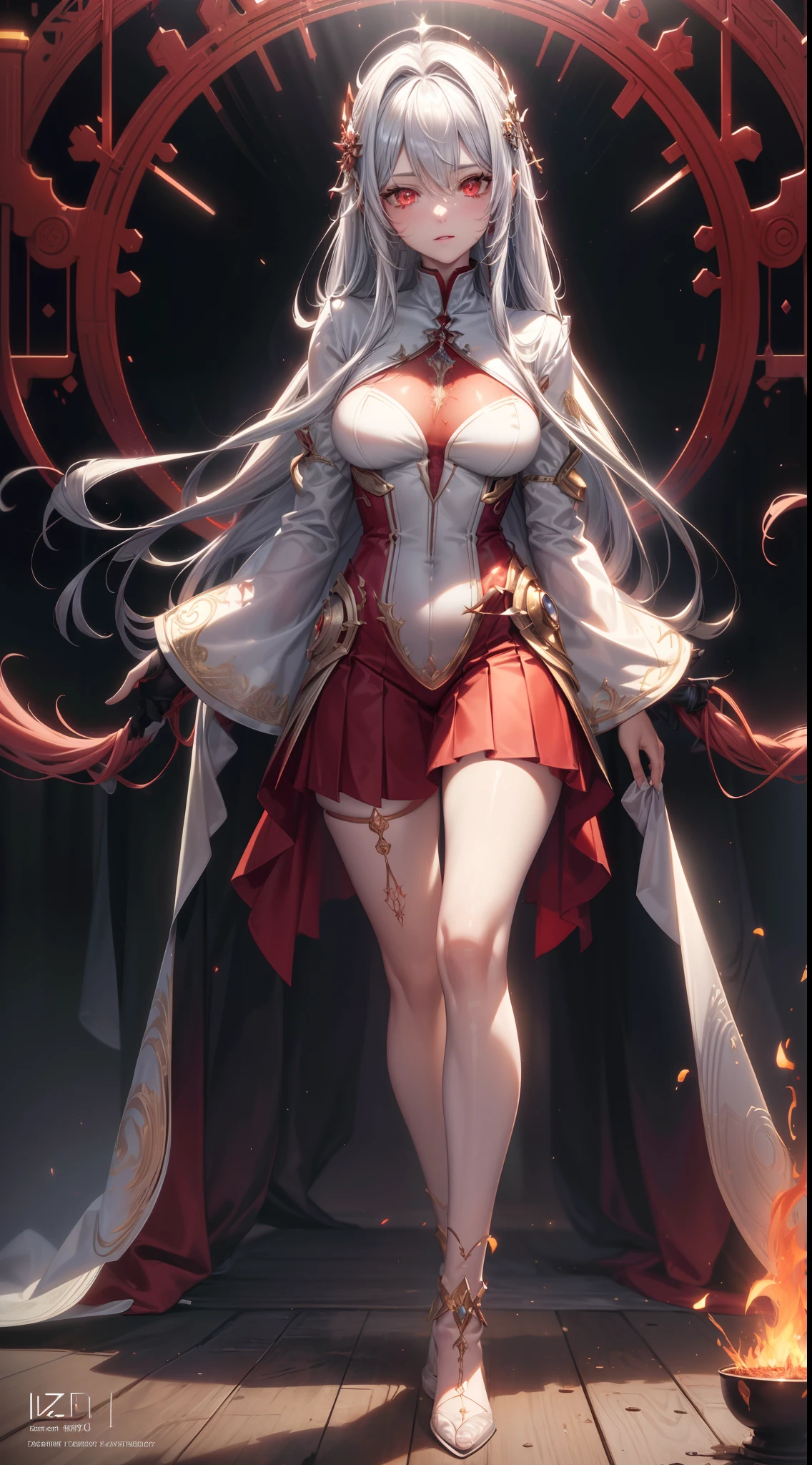 bright silver futuristic goddess girl in coverall ((bloody-red pleated skinny suit)) with (golden lines) accents (((skirt))) (((goddess robe with long sleeves))) with fireball, (crop robe), (runes on skin), epic, elite, ((lacy)), futurism, cyberpunk, silk, fur, (stockings), decollete, natural breasts, slim body, zettai ryouiki, ((((medium length hair)))), (silver-hair) and red highlight streak in hair, (beautiful detailed bright ((glowing)) fire eyes), portrait, (beautiful and aesthetic:1.2, fractal art:1.4), most realistic, hyper-realistic, RAW, highest quality, best quality, Detailed, Realistic, 4k highly detailed digital art, octane render, bioluminescent, (cool_color), best pixels, 8k ultra, extremely detailed CG unity 8k wallpaper, cinematic lighting