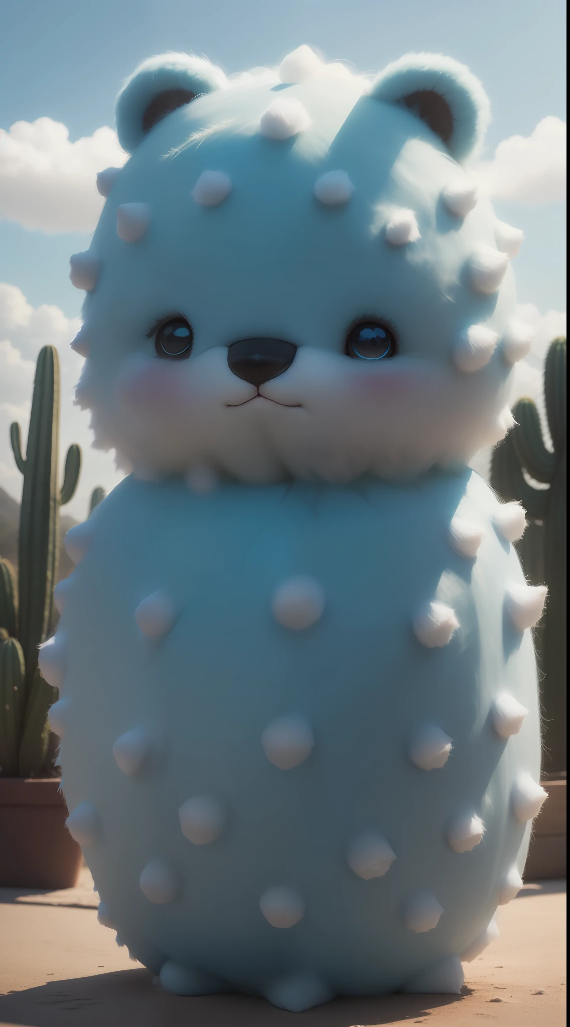 DreamShaper:3.2, Photography, BotanicalUSA, A cactus As a fluffy bear, blue clouds, soft Light, bokeh , fog, macro, no add human