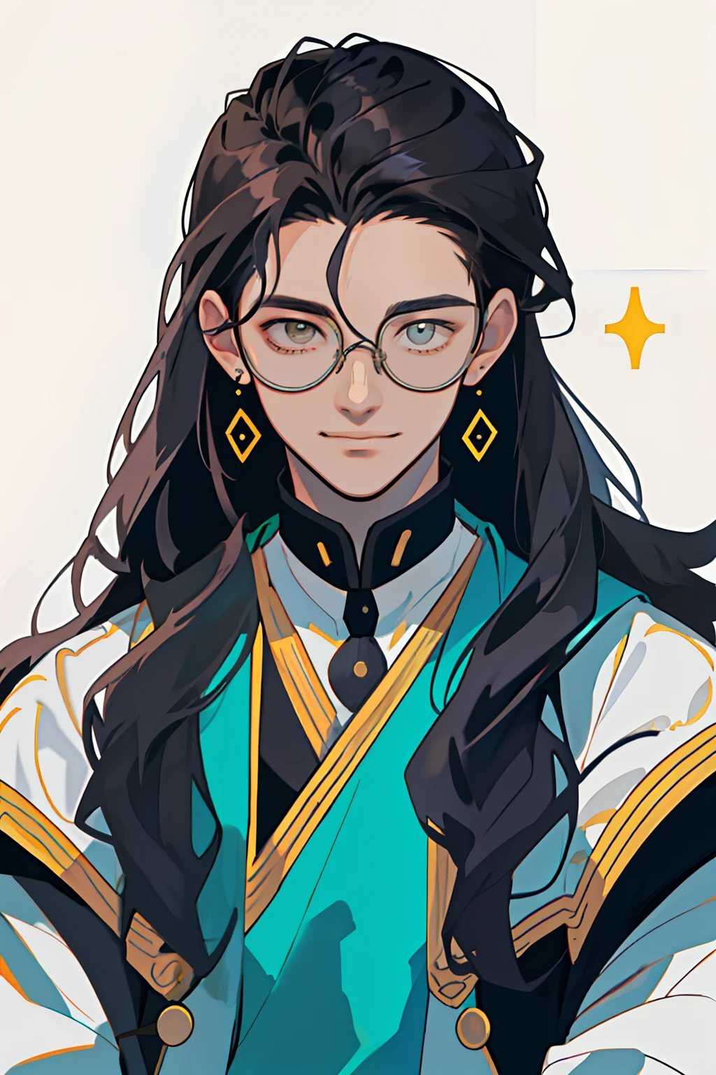 tmasterpiece，best qualtiy，Mature male，quadratic element，Handsome，ssmile，sportrait，very vey very detailed face，（Medium-long wavy hair），circle glasses