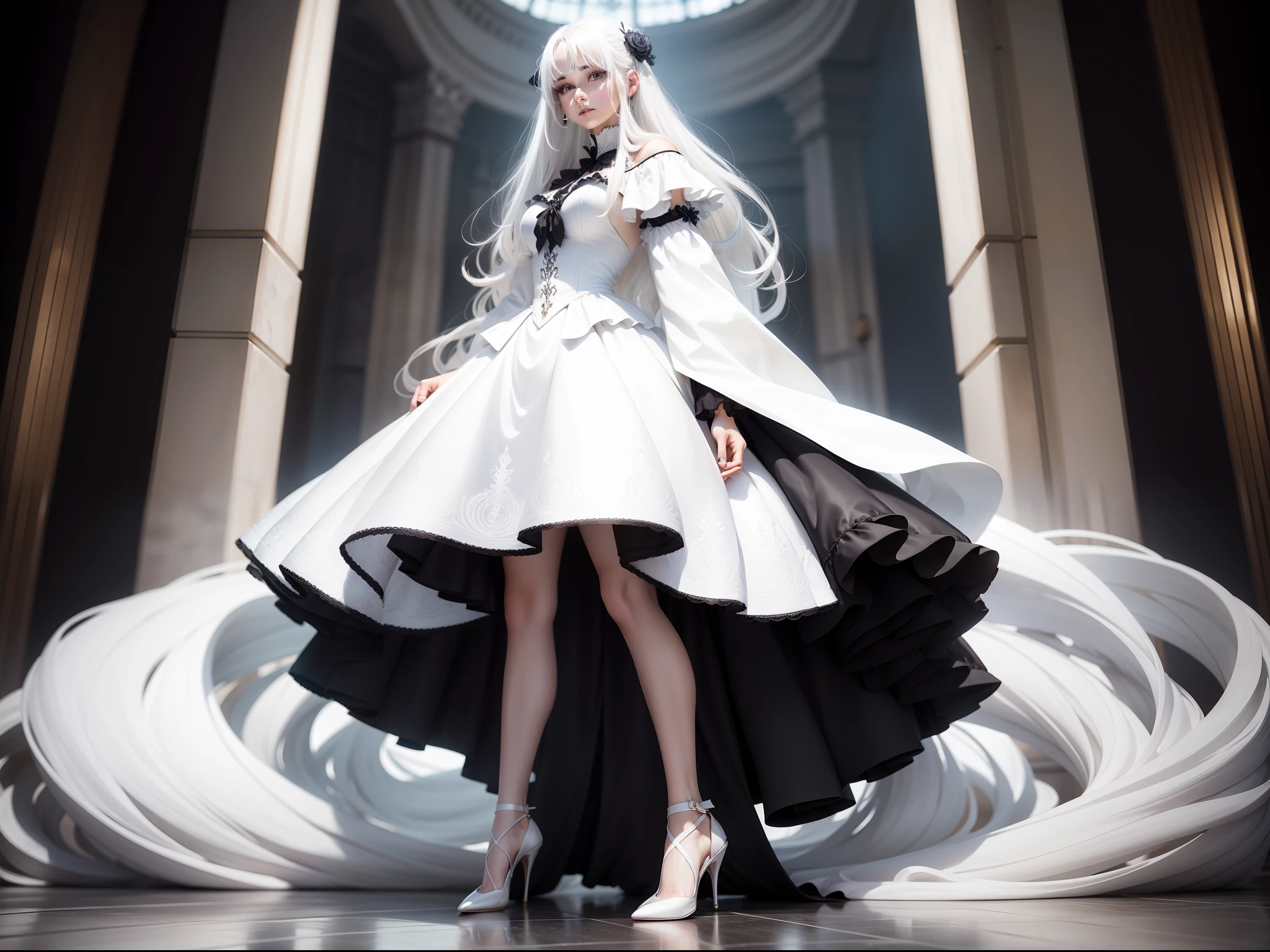 Beauty white hair, different eyes, high heels, dress