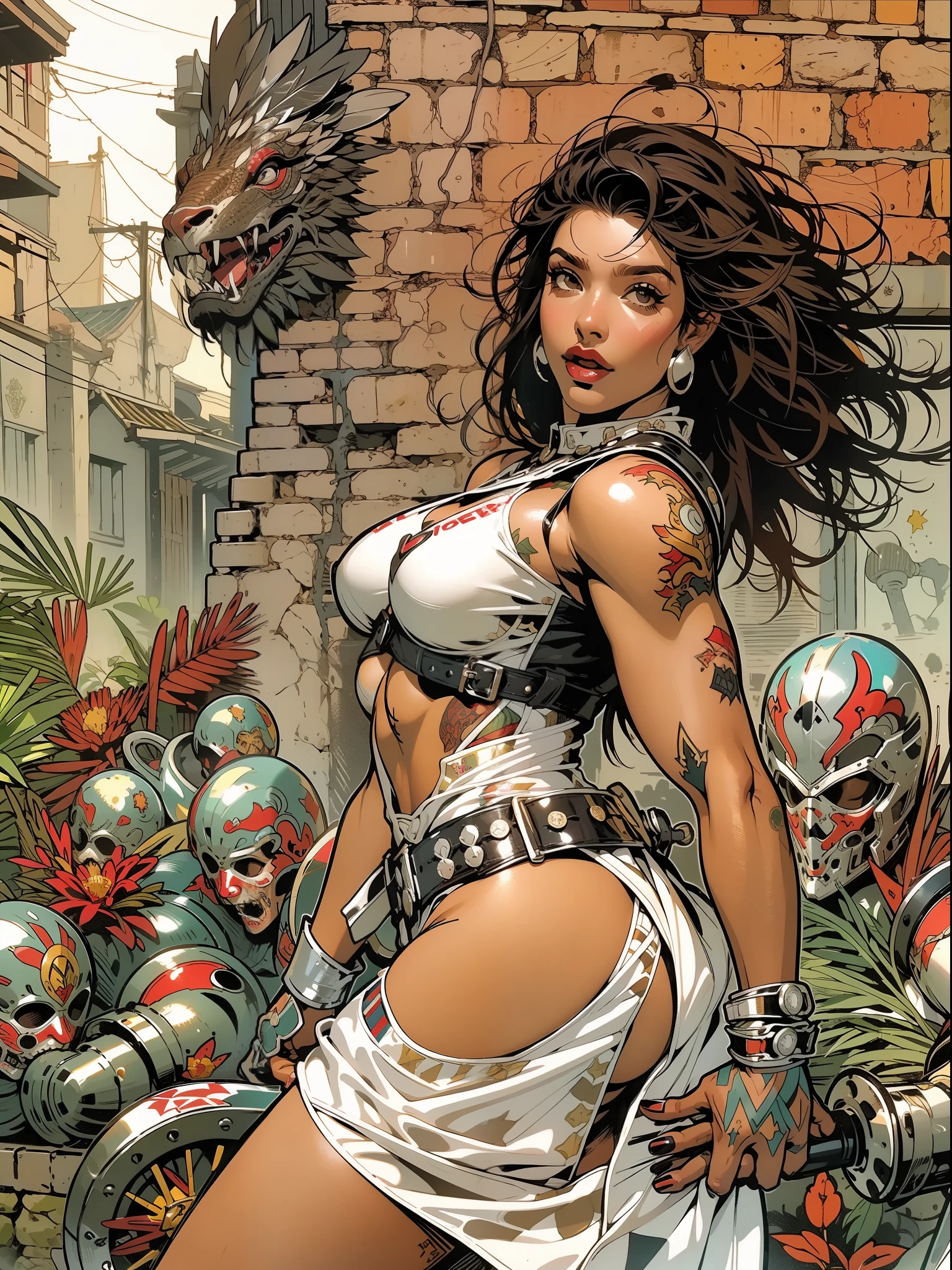 (((mulher))), (((melhor qualidade))), (((obra prima))), (((adulta))), Uma guerreira mulher de 35 anos com corpo perfeito, Brooklyn Gladiators, (( under boobs )), quase nua no estilo selvagem urbano de Simon Bisley para a capa da revista Heavy Metal, cabelo loiro, Minimum clothing, red and white checkered pattern, armadura, cheio de pontas e rebites, tatuagem tribal, (((do joelho pra cima))), cabelo desalinhado