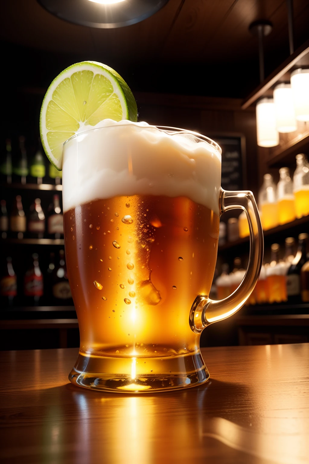 Create image of cold beer mug on top of illuminated bar counter, imagem em 8k