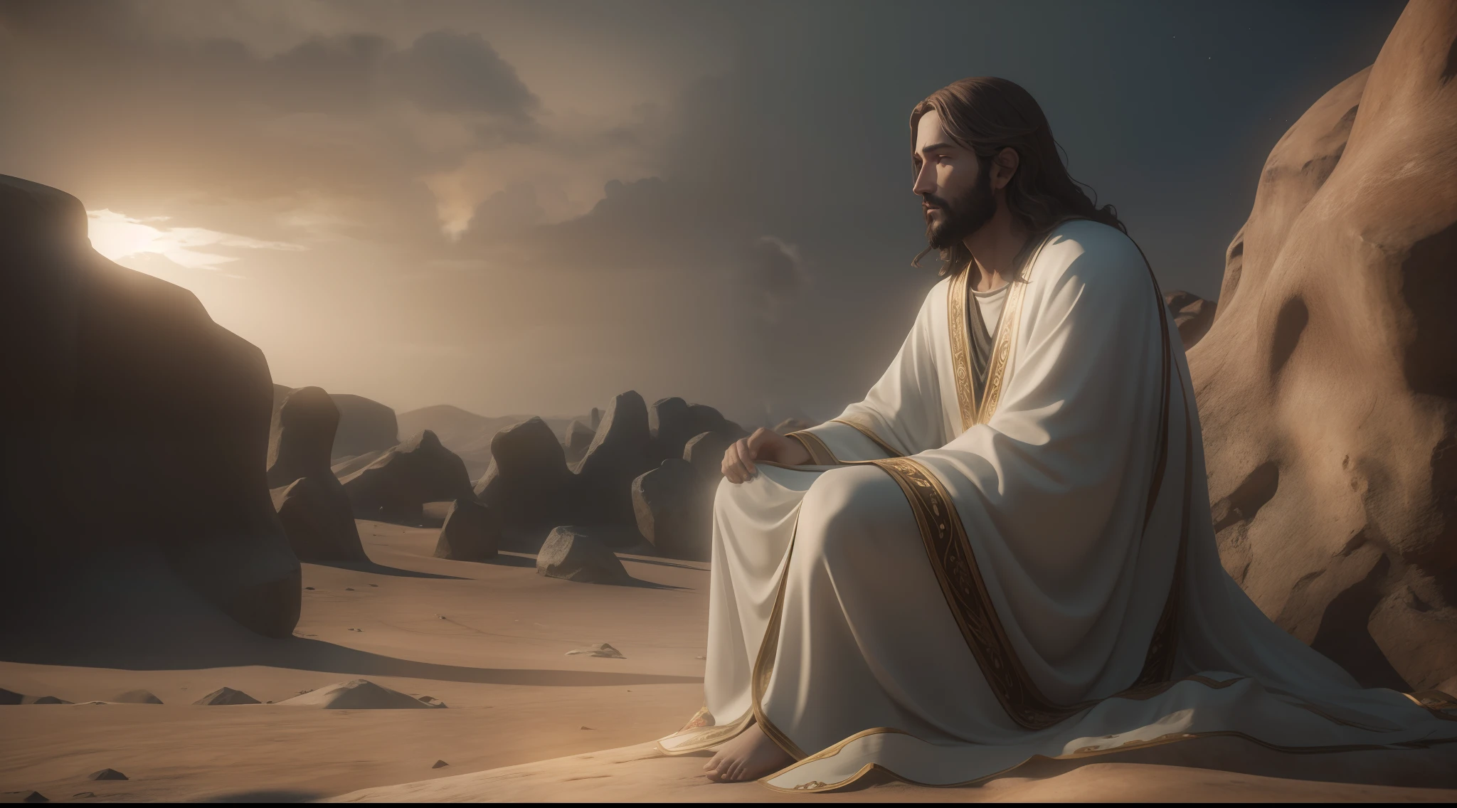 Jesus sitting on a stone with a kiss robe, em um lugar deserto.  There are hundreds of disciples listening , 0s twelve apostles are talking about teachings. centenas de pessoas ao fundo ouvem ao fundo. o mar e nuvens nebulosas. imagem realista unreal engine 5.